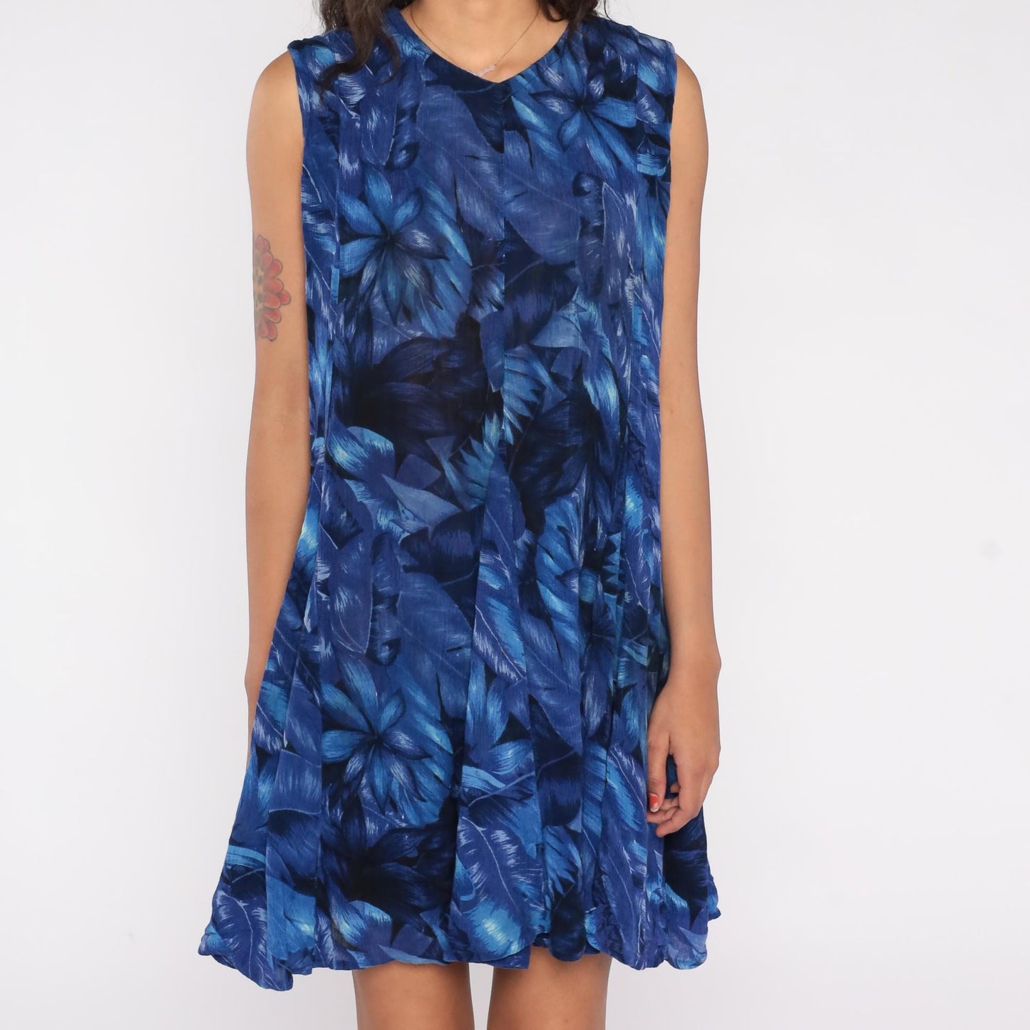 90s American Angel Blue Floral Rayon Mini Dress Keyhole Back Small S