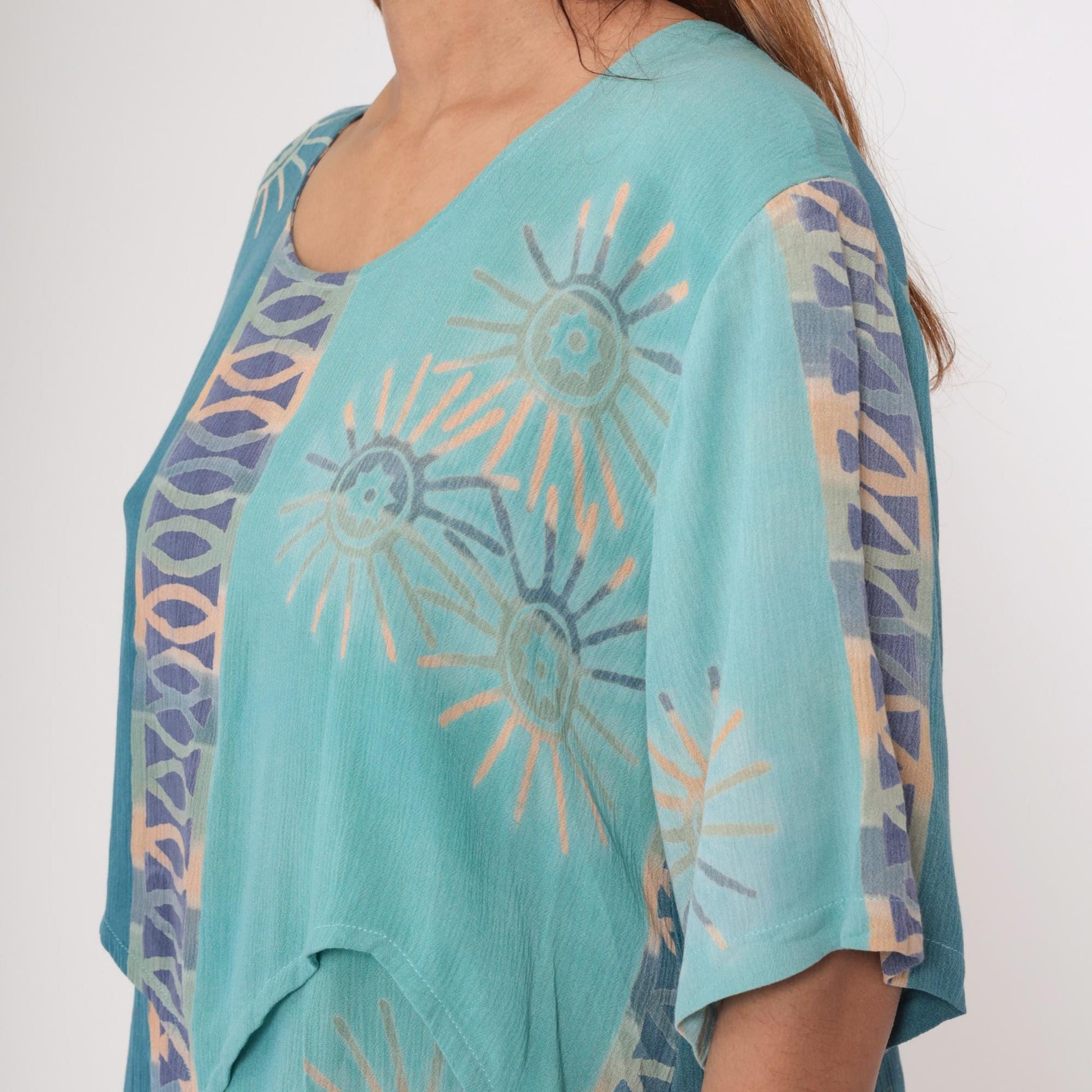 Y2K Silver Stream Teal Sun Print Asymmetric Layered Blouse Extra Large XL