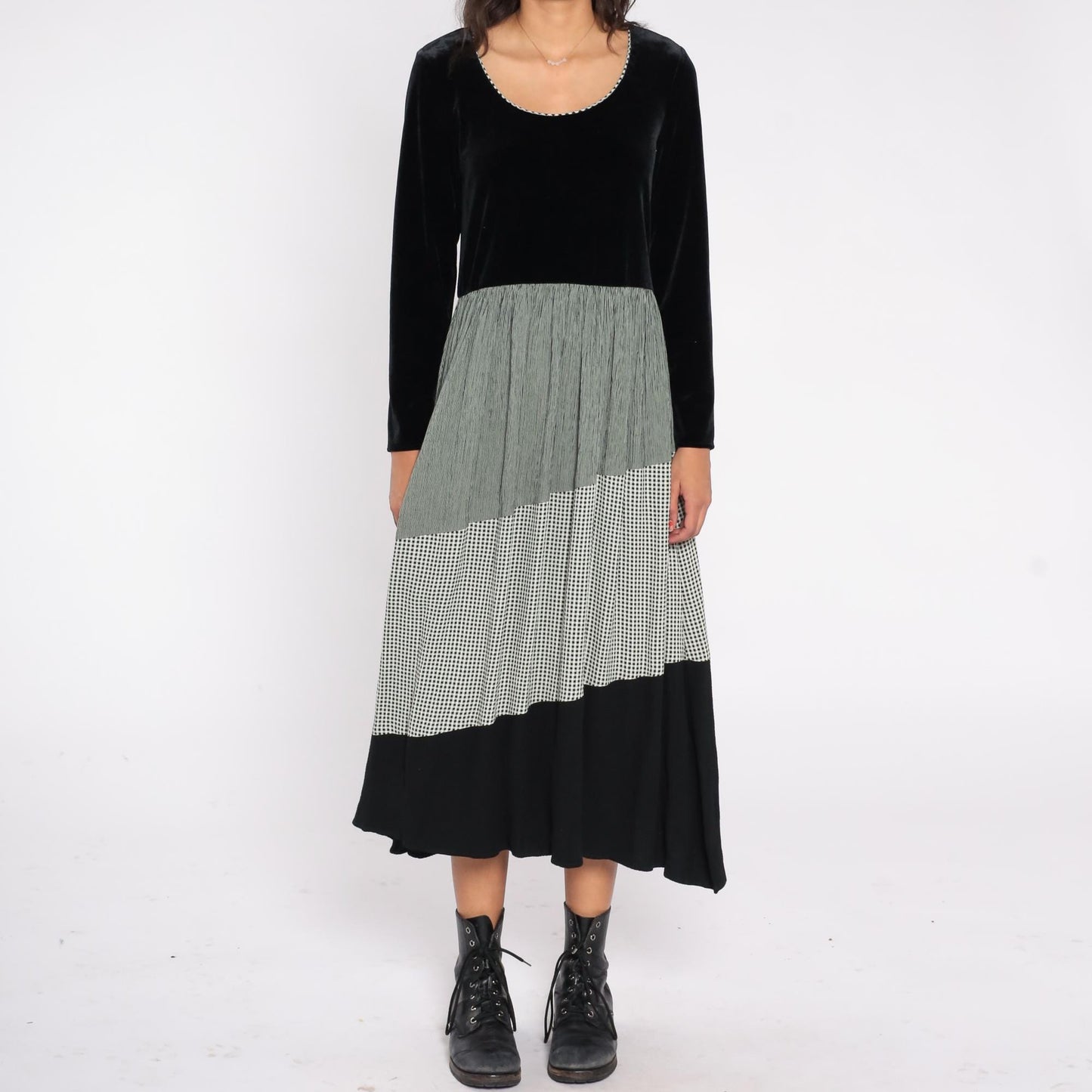 90s Jeffrey & Dara Velvet Gingham Midi Dress Black Green Pleated Long Sleeve Medium