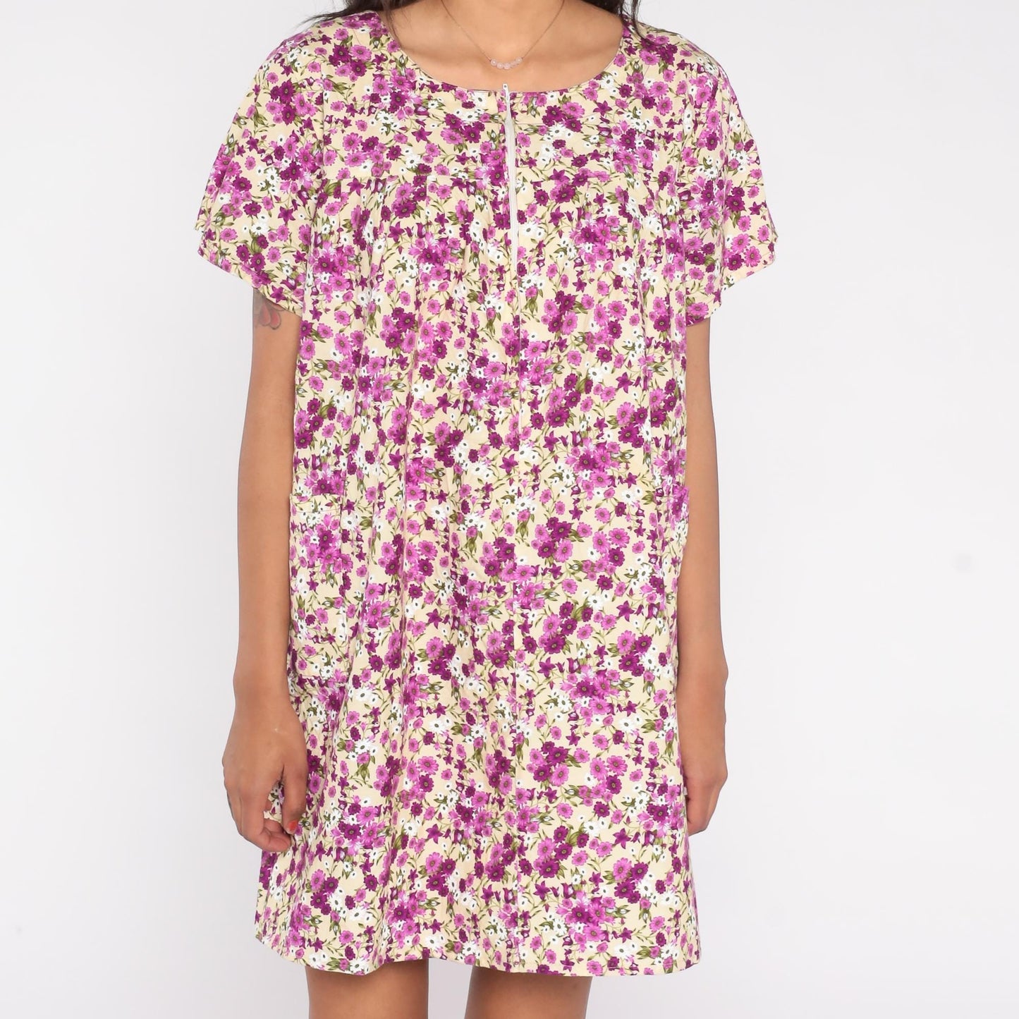 90s JTP Ditsy Floral Zip Front Dress Purple Rayon Knee Length Medium Large