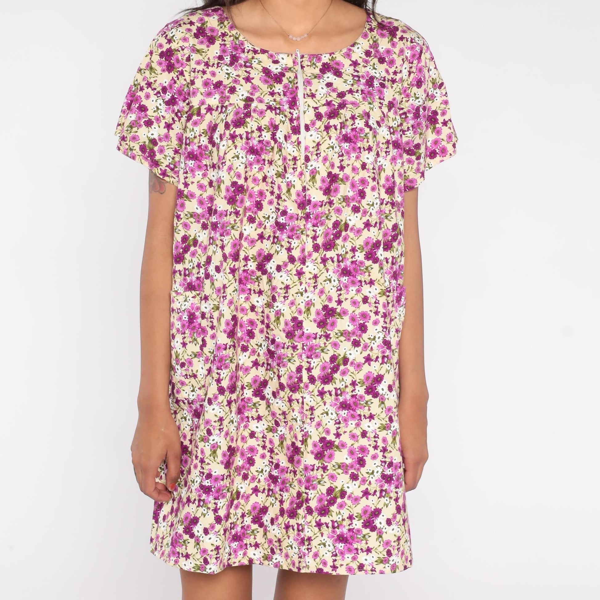 90s JTP Ditsy Floral Zip Front Dress Purple Rayon Knee Length Medium Large