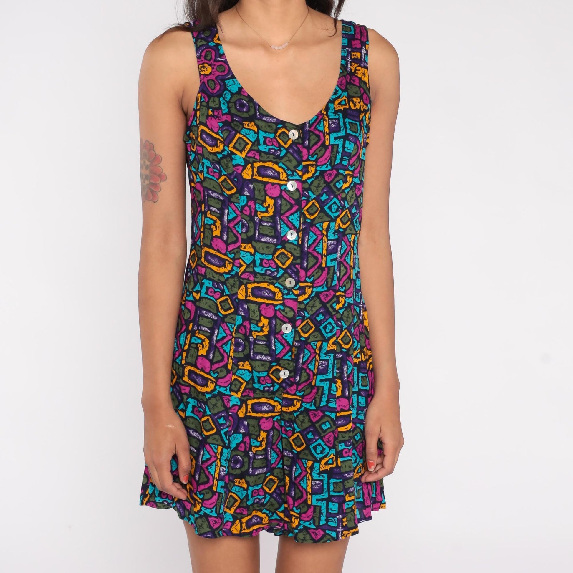 90s Gabriella Abstract Geometric Romper Black Multicolor Rayon Medium M