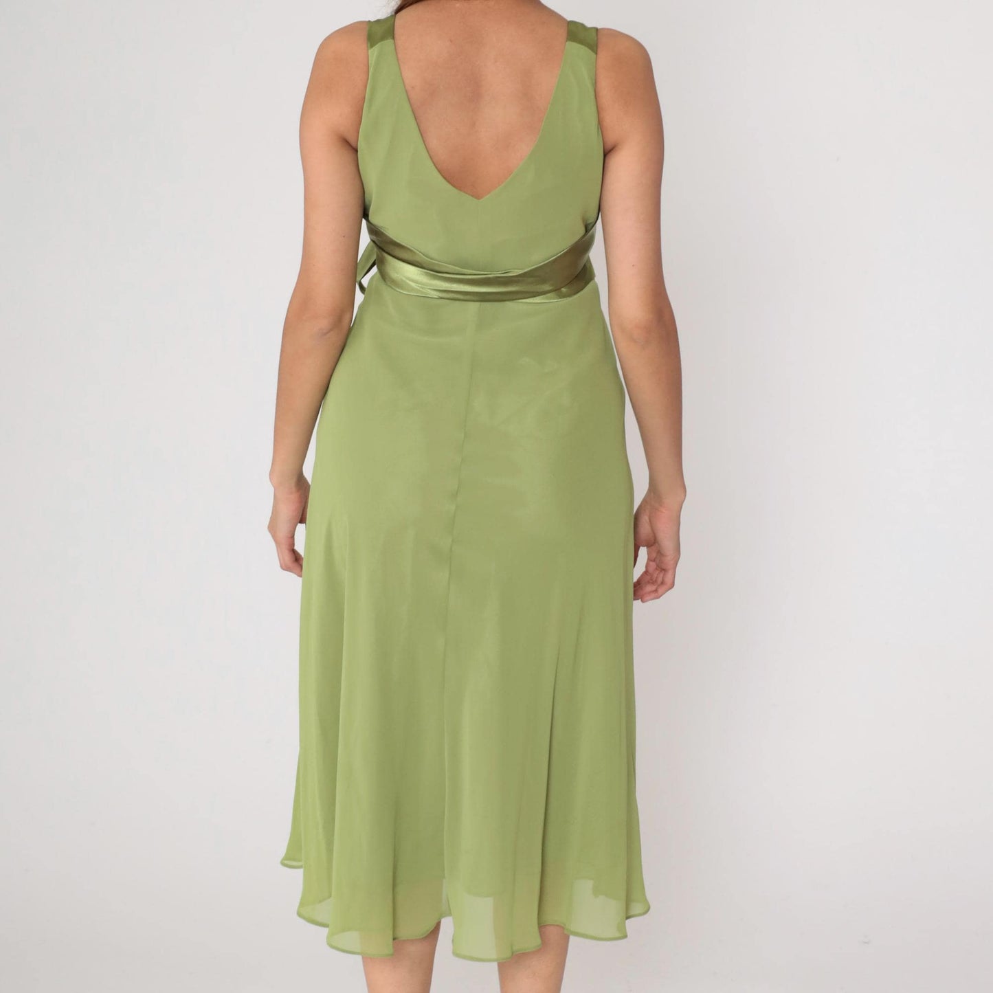 Y2K Green Satin Wrap Midi Dress V-Neck Chiffon Overlay Jones Studio Small