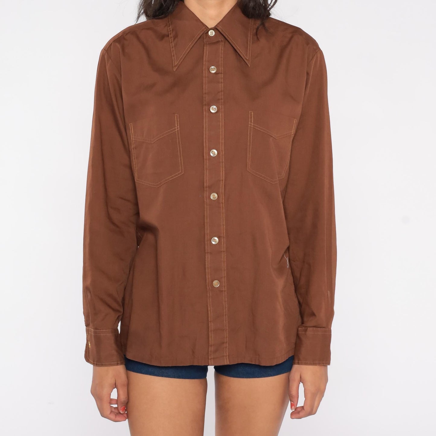 70s JCPenney Chocolate Brown Button-Up Shirt Contrast Stitch Pointed Collar Medium
