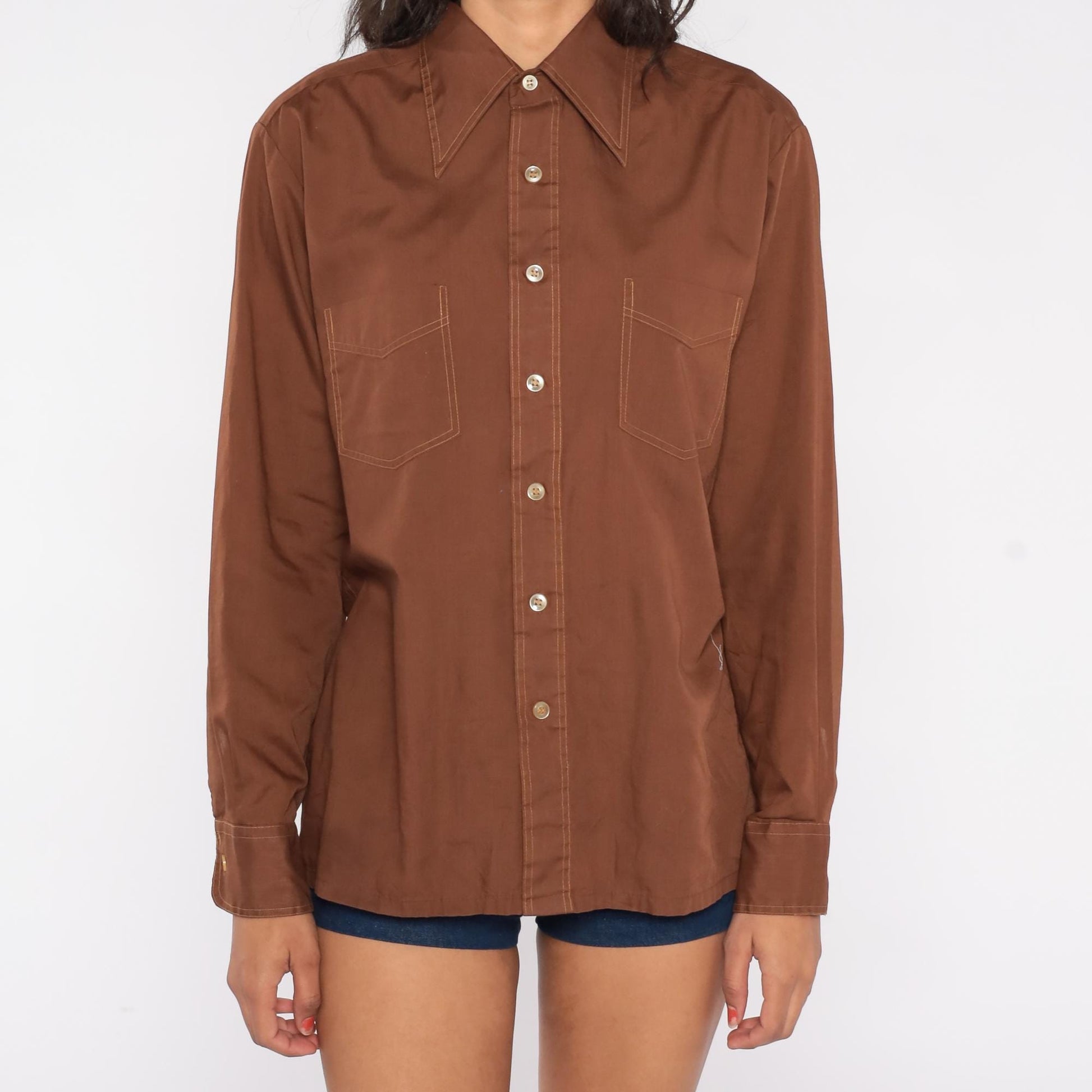 70s JCPenney Chocolate Brown Button-Up Shirt Contrast Stitch Pointed Collar Medium