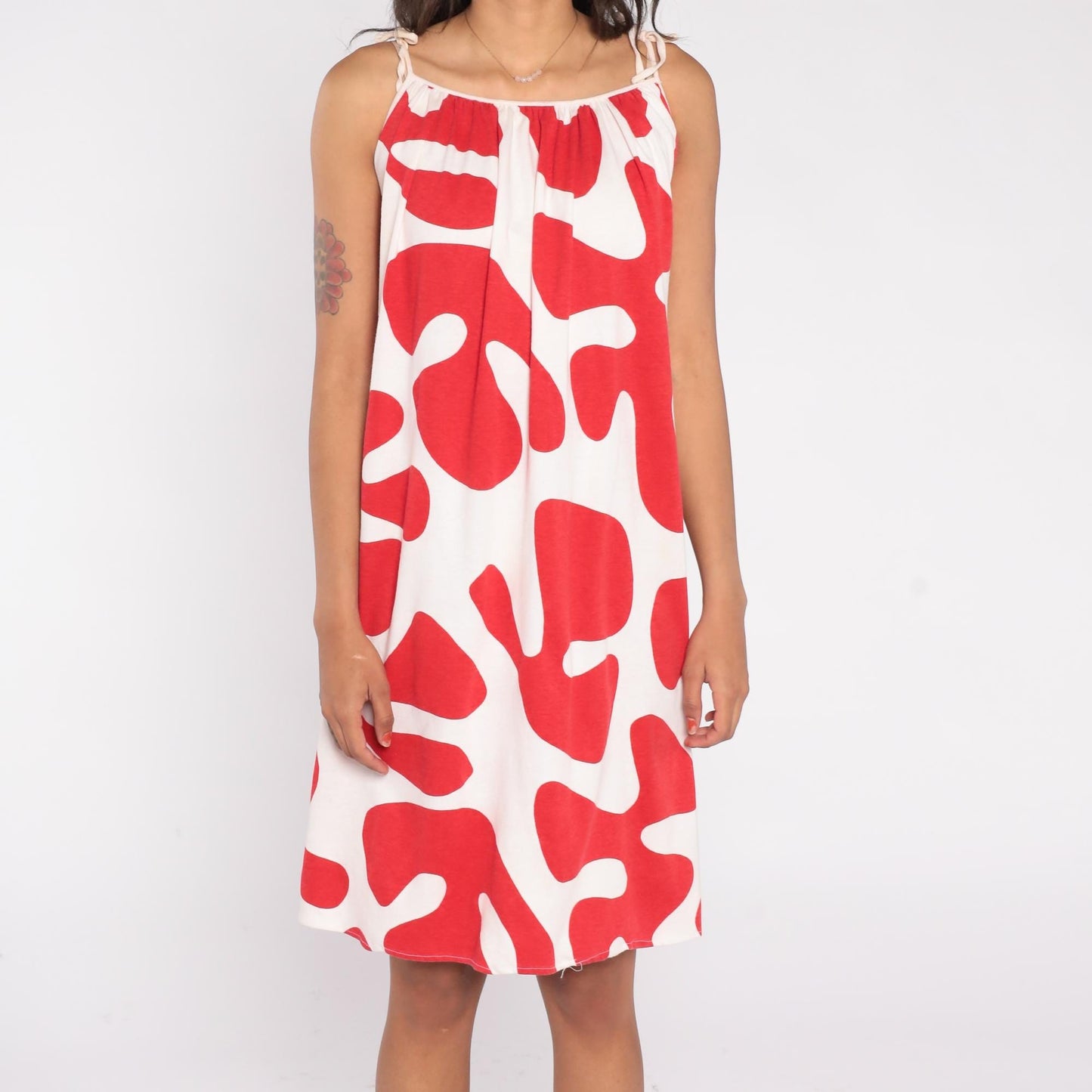 80s Abstract Red White Midi Dress Tie Shoulder Trapeze Sleeveless Small