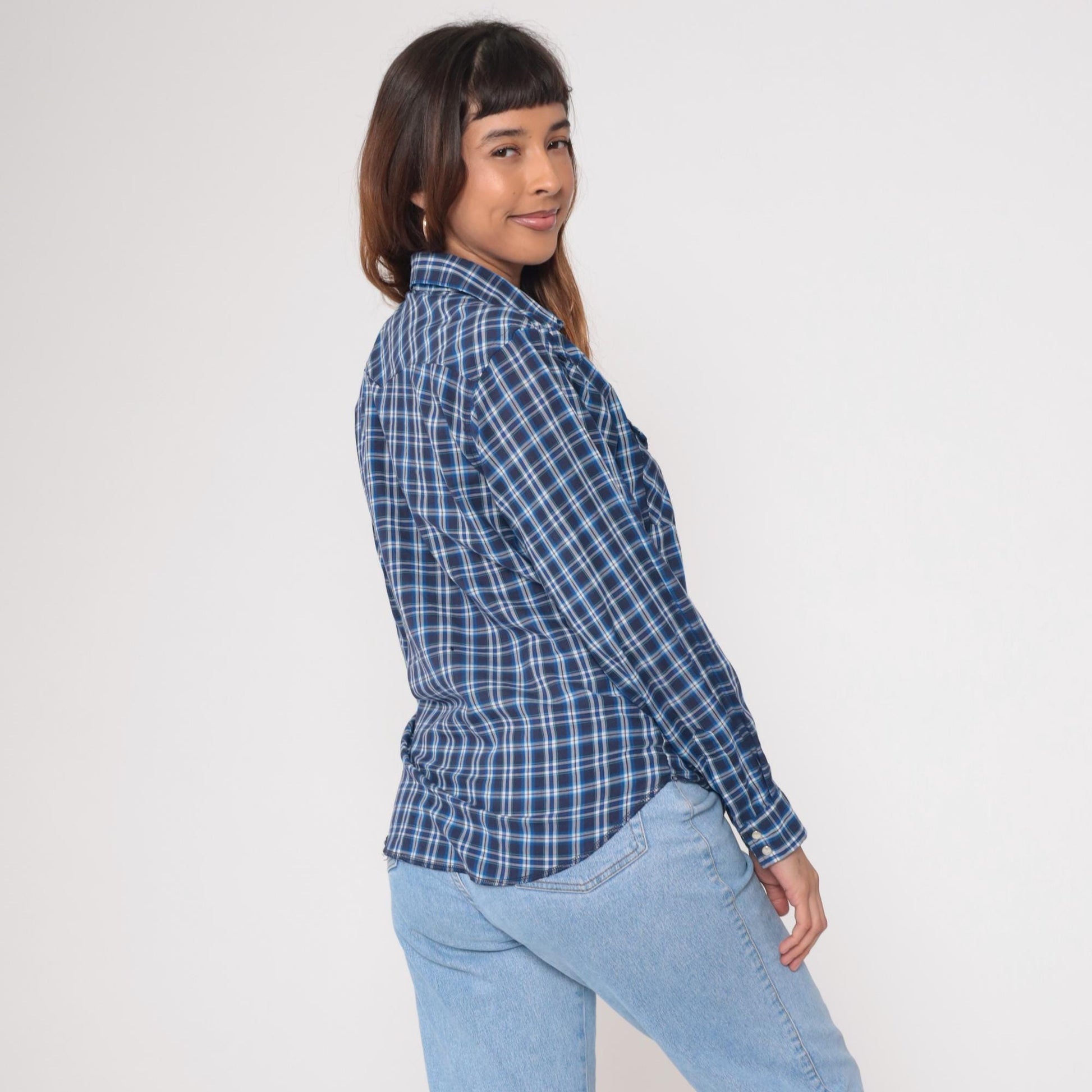 90s Rustler Blue Plaid Flannel Pearl Snap Shirt Medium