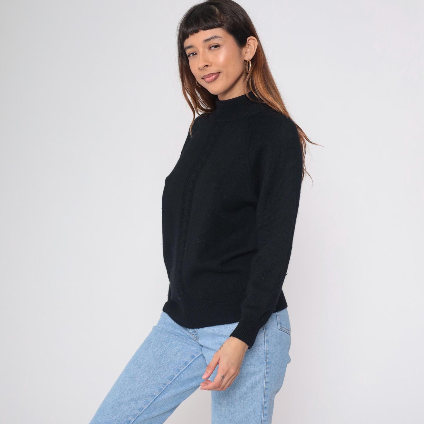 90s Liz Claiborne Black Merino Wool Mock Neck Sweater Cable Knit Small S