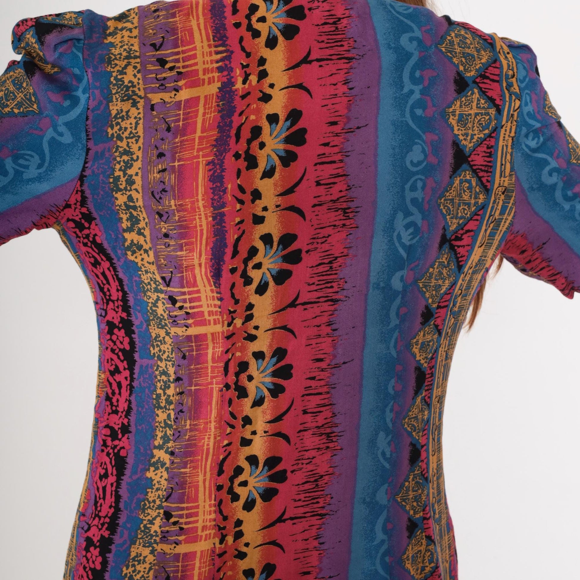90s Tribal Geometric Mini Dress Blue Pink Gold Button Front Short Sleeve Medium