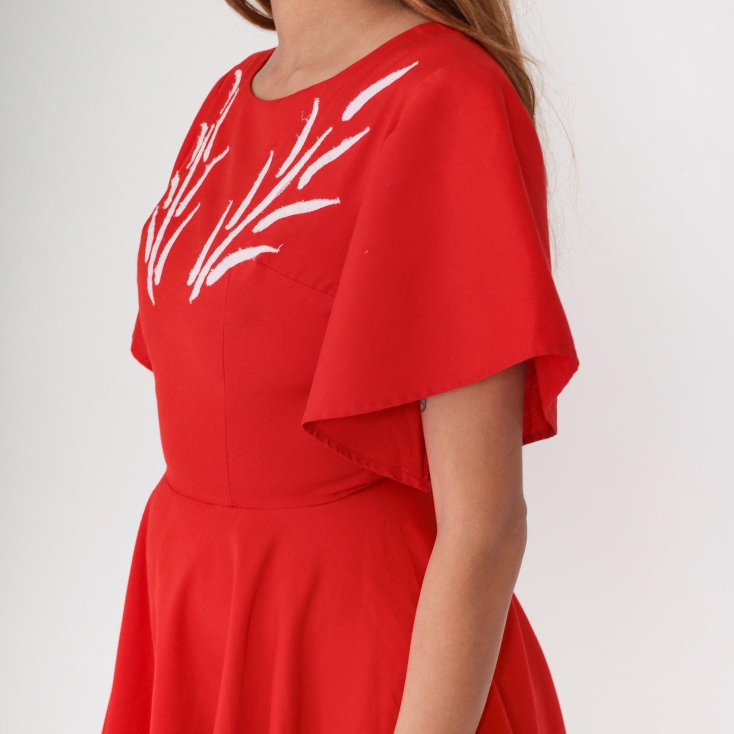 60s Red Mini Dress White Embroidery Flutter Sleeve Fit Flare Cotton Small