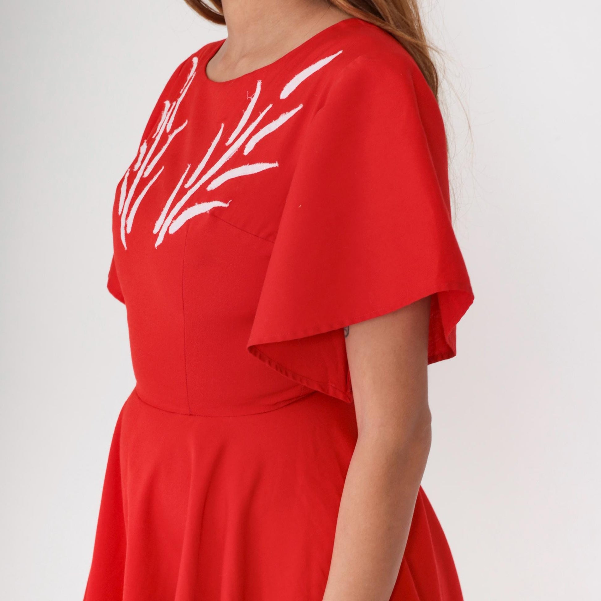 60s Red Mini Dress White Embroidery Flutter Sleeve Fit Flare Cotton Small
