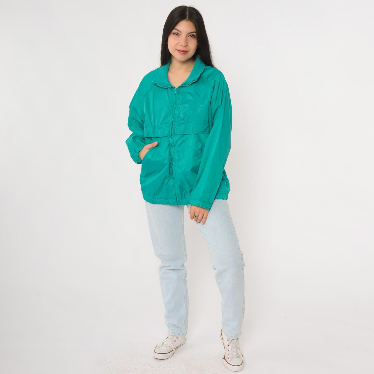 80s Teal Nylon Windbreaker Jacket Raglan Zip Lightweight Medium M