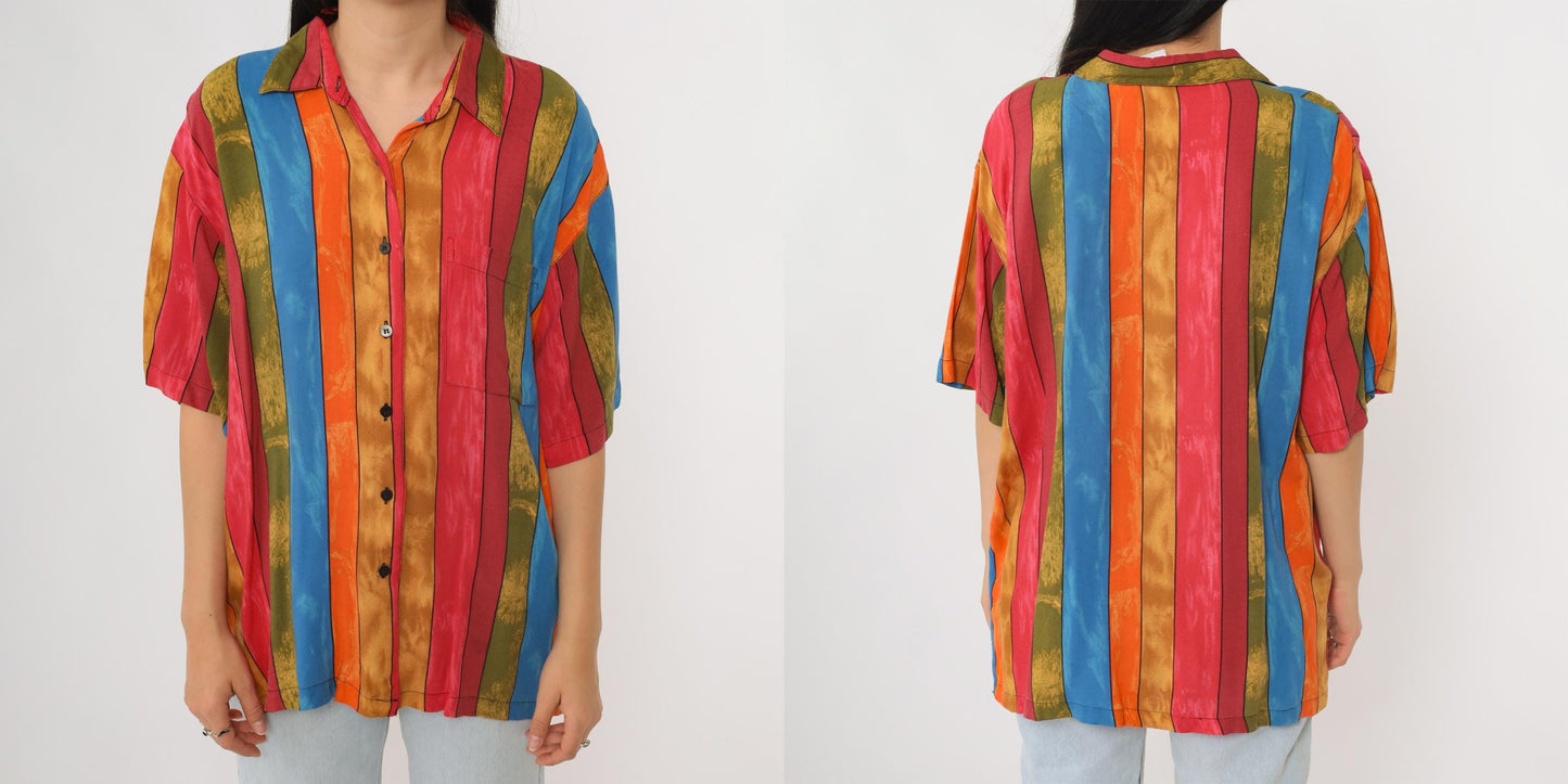 90s First Class Striped Button Down Shirt Rayon Multicolor Short Sleeve Large L