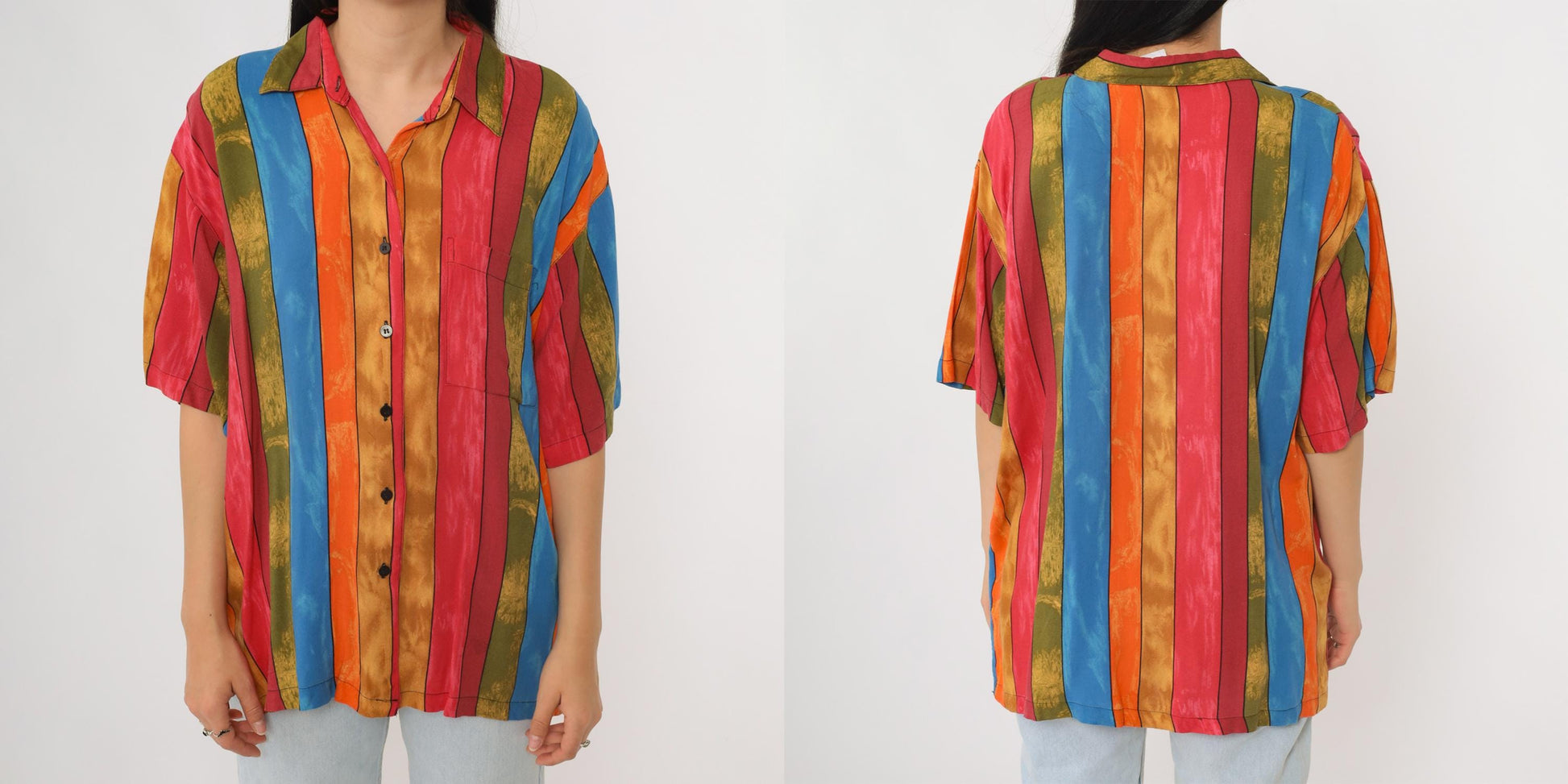90s First Class Striped Button Down Shirt Rayon Multicolor Short Sleeve Large L