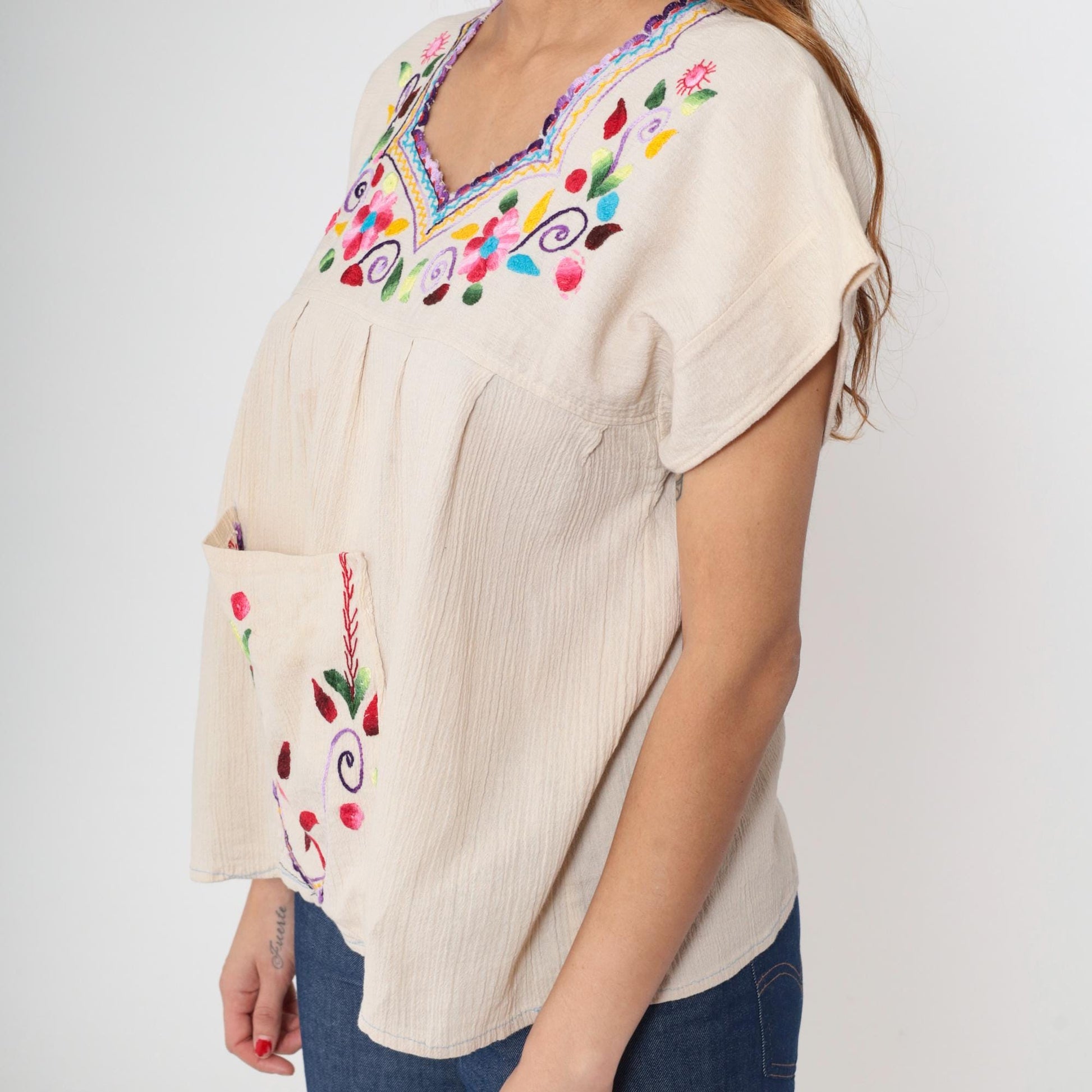 Y2K Mexican Embroidered Floral Cream Cotton Tunic Blouse Cap Sleeve Medium