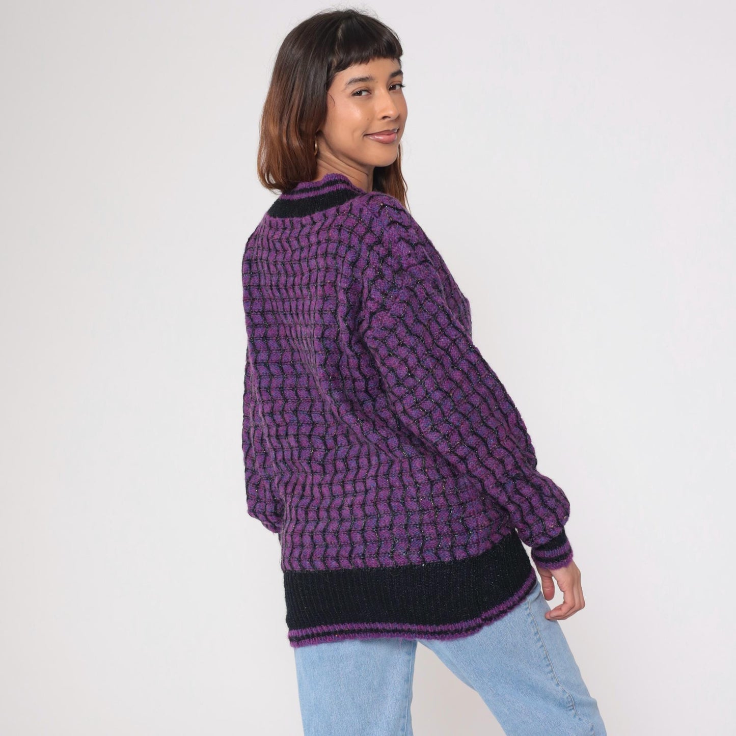 90s Max Bradley Purple Black Deep V Sweater Metallic Knit Large L