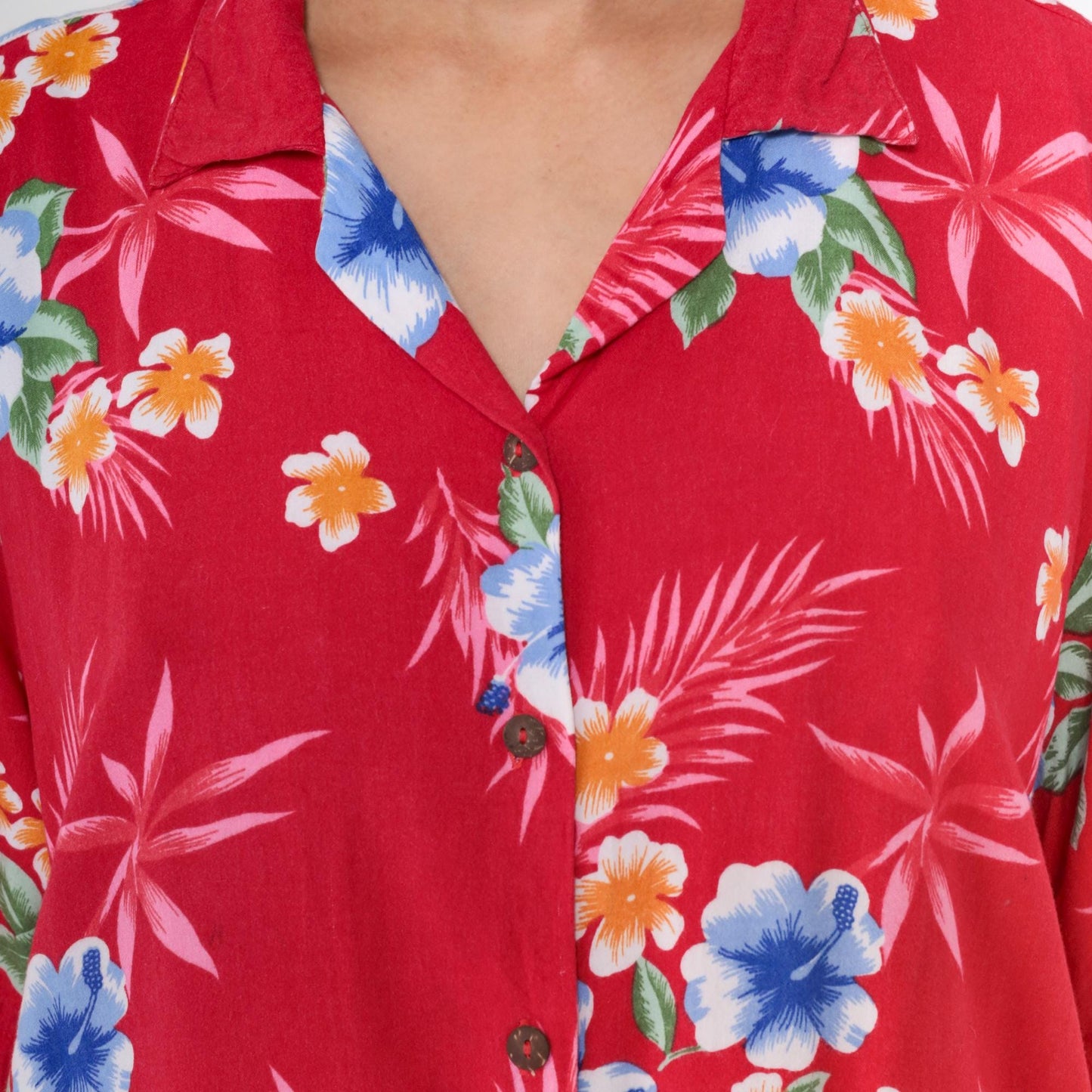 90s Red Tropical Floral Hawaiian Shirt Button-Up Rayon Blouse XL