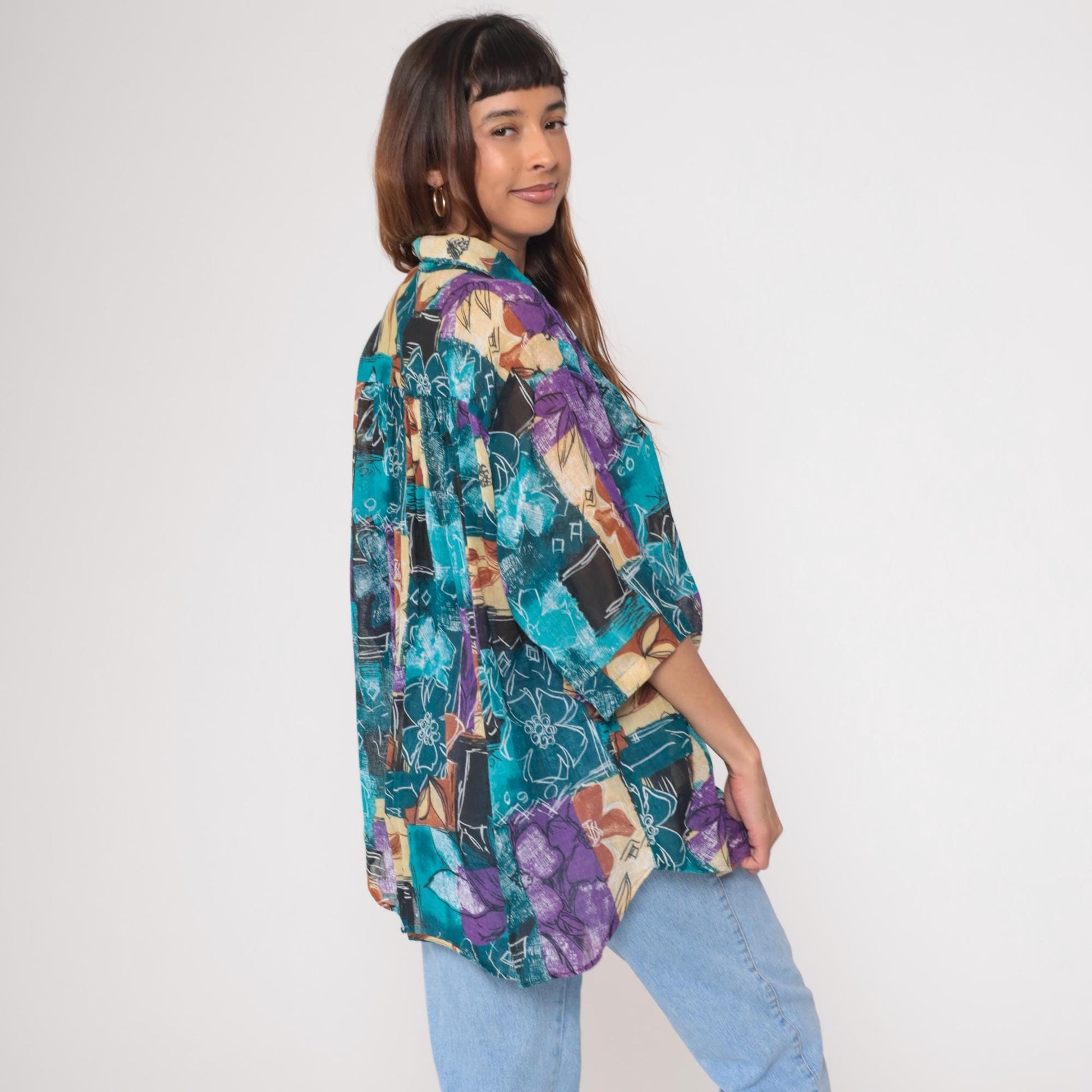 90s Joanna Abstract Watercolor Floral Button Down Blouse Teal Purple Extra Large
