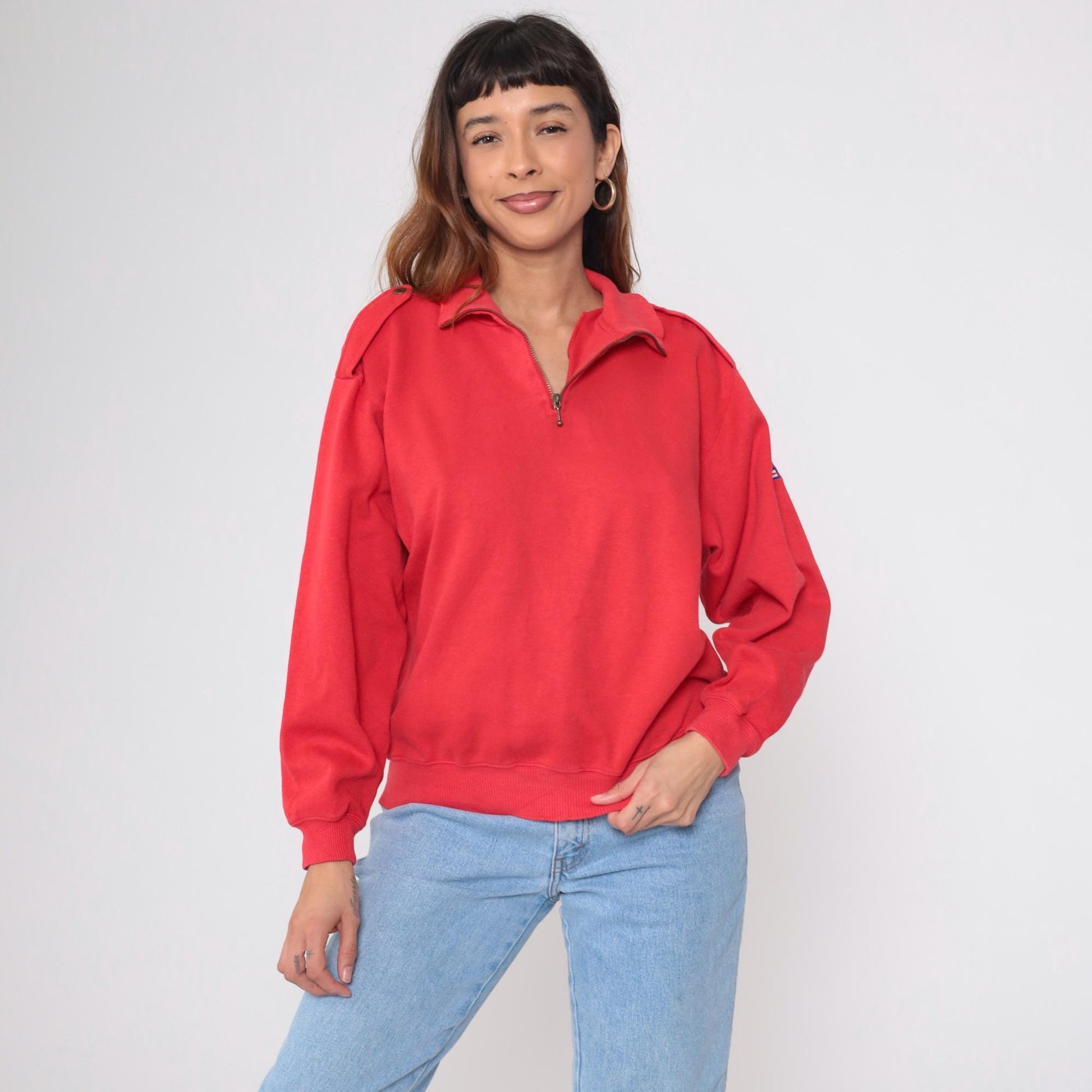 90s Liz Sport Red Quarter Zip Sweatshirt Nautical Flag Embroidery Medium M