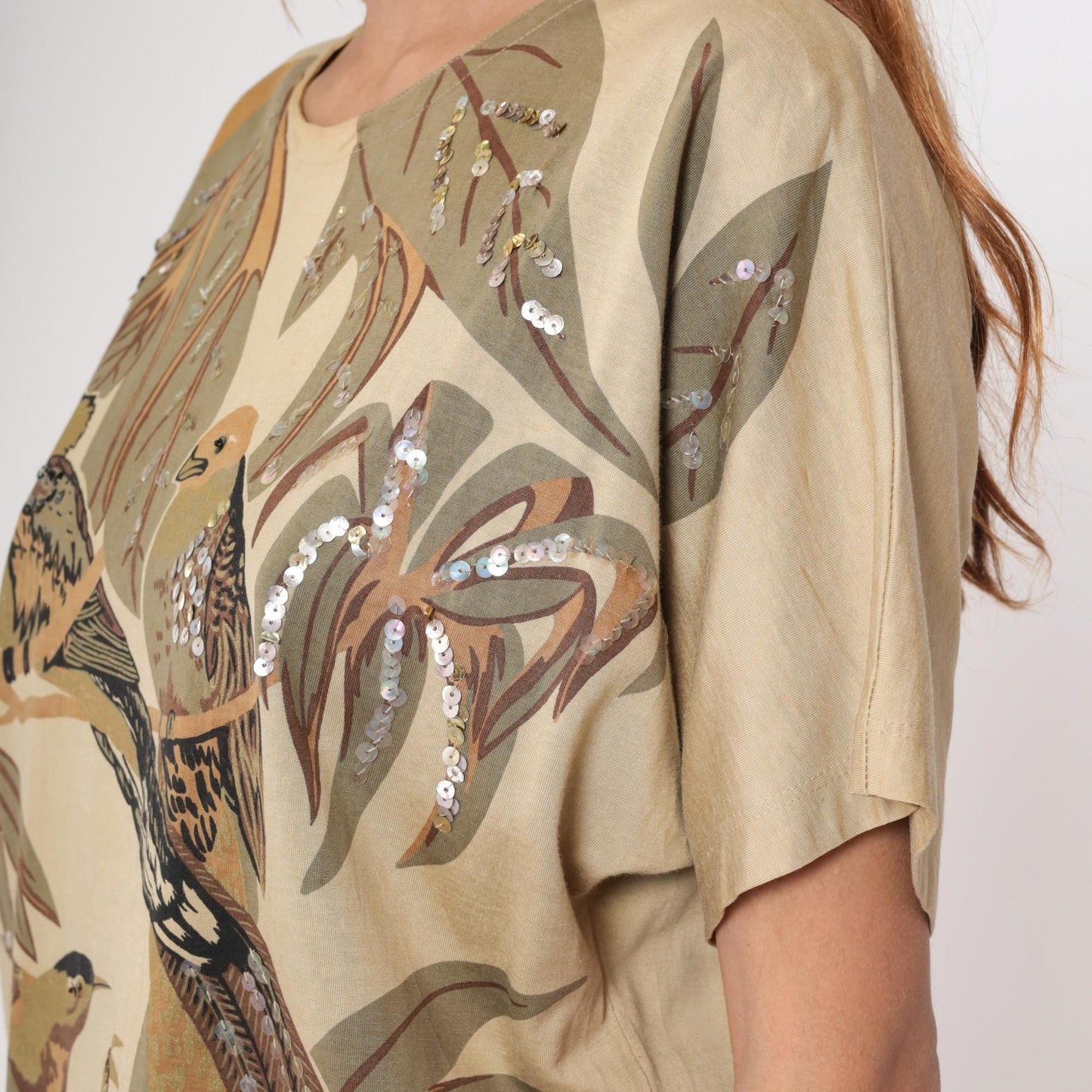 90s Tan Sequined Bird Print Boxy Tee Tropical Foliage Beaded Short Sleeve Large L