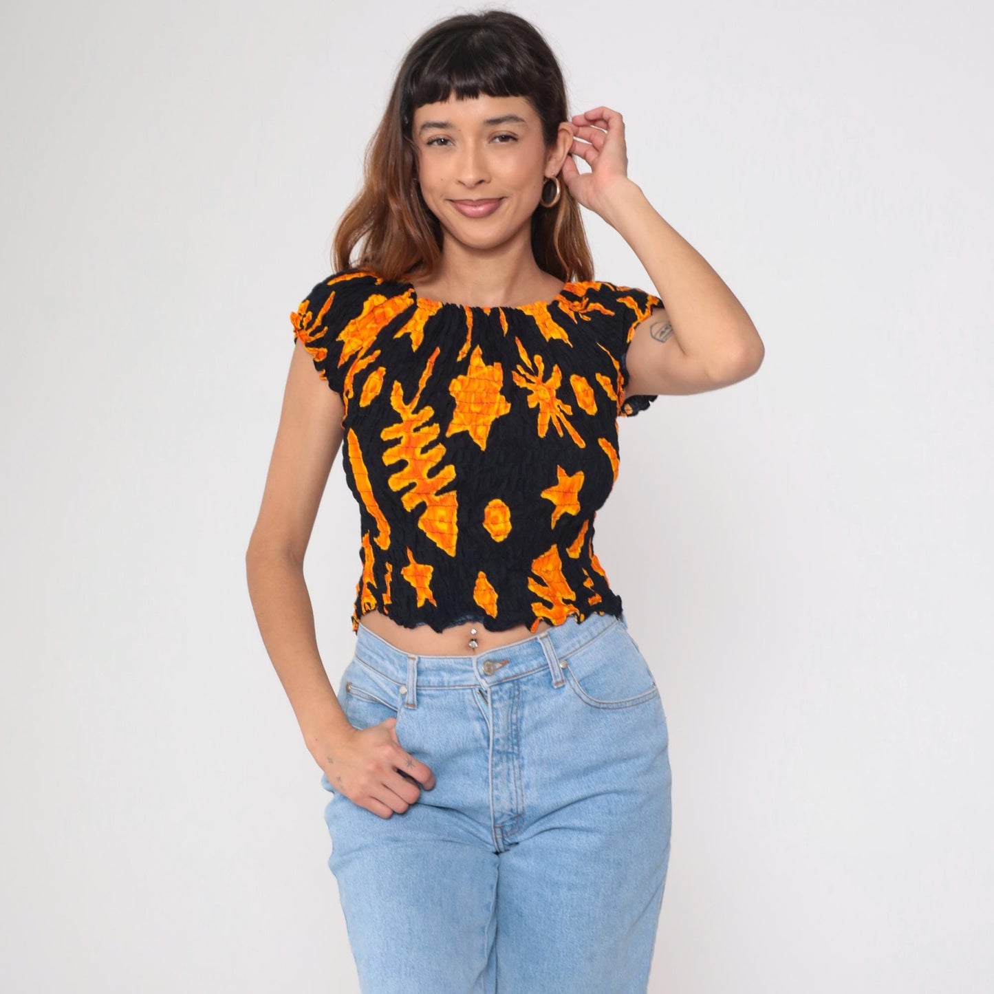 Y2K Shore Line Batik Smocked Crop Top Black Orange Cap Sleeve Small Medium