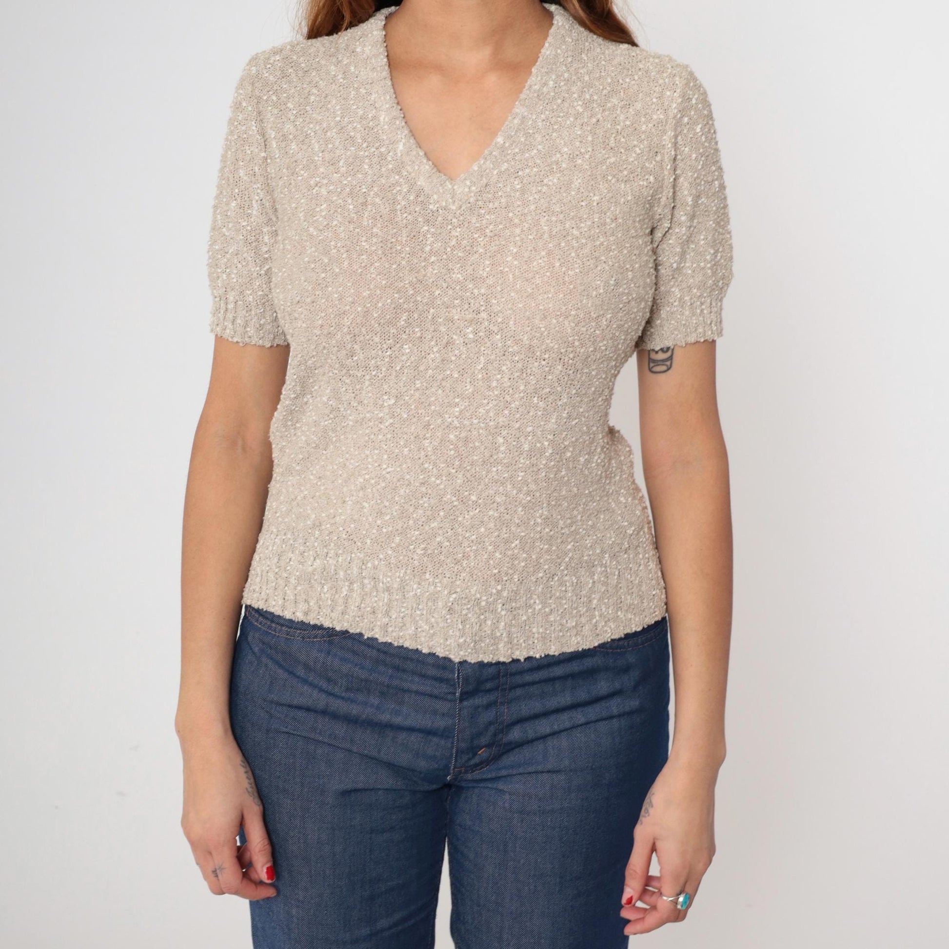 70s Beige Boucle Knit Top V-Neck Puff Sleeve Textured Fitted Small