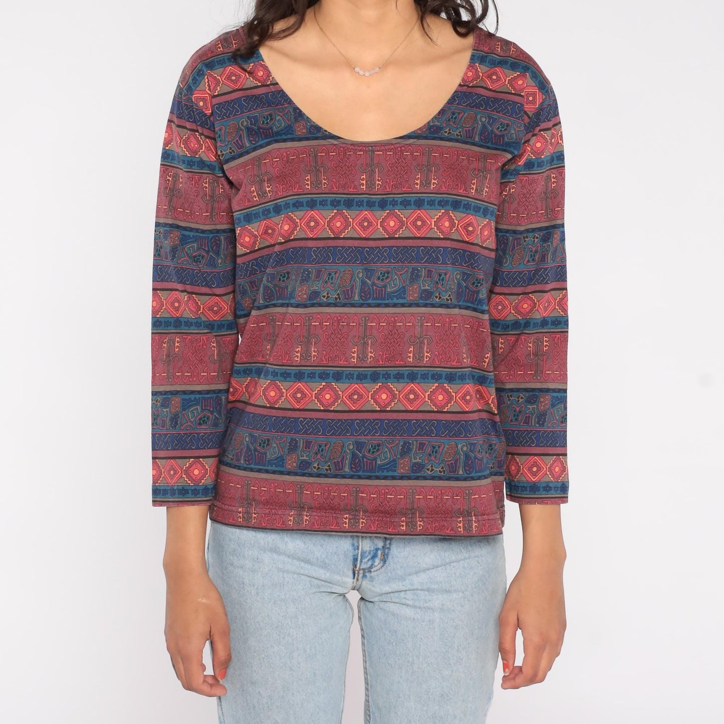 90s Chicos Design Southwestern Tribal Print Top Burgundy Navy Cotton Small