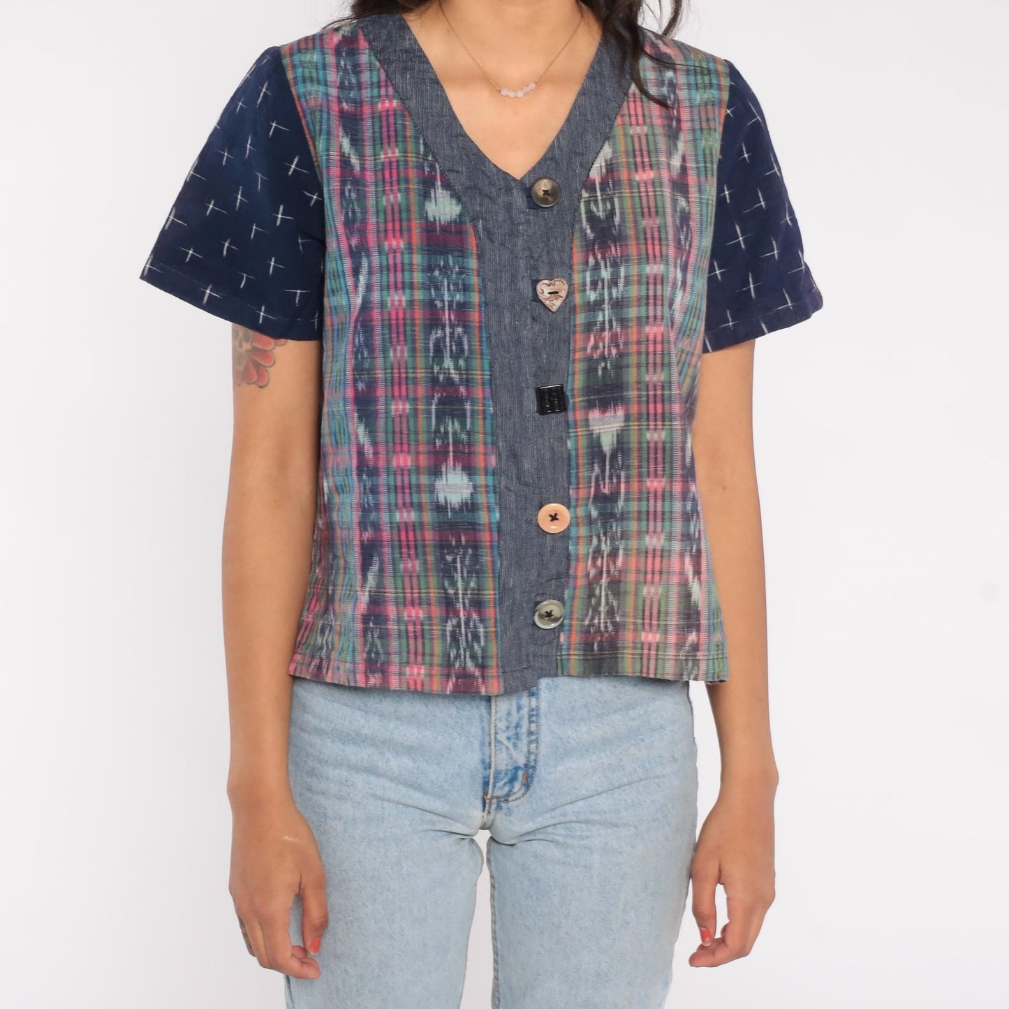 90s Patchwork Button Up Ikat Print Navy Chambray Short Sleeve Small P