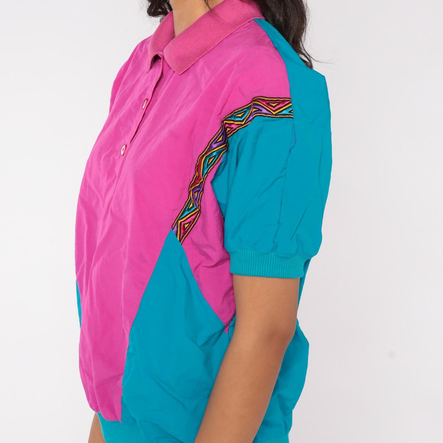 90s Lavon Color Block Polo Hot Pink Teal Nylon Short Sleeve Medium M