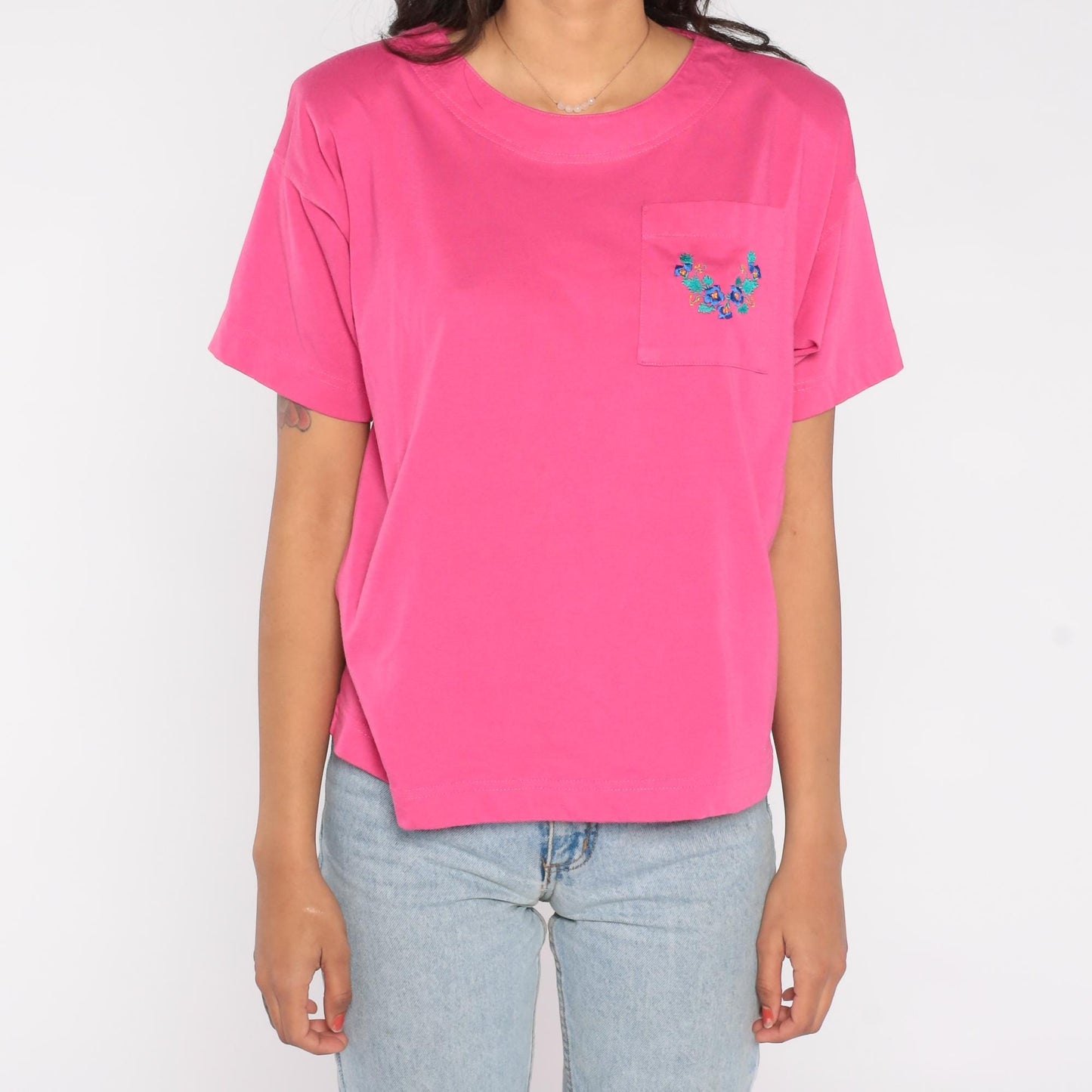 90s Colter Bay Sport Hot Pink T-Shirt Floral Embroidered Pocket Tee Large L