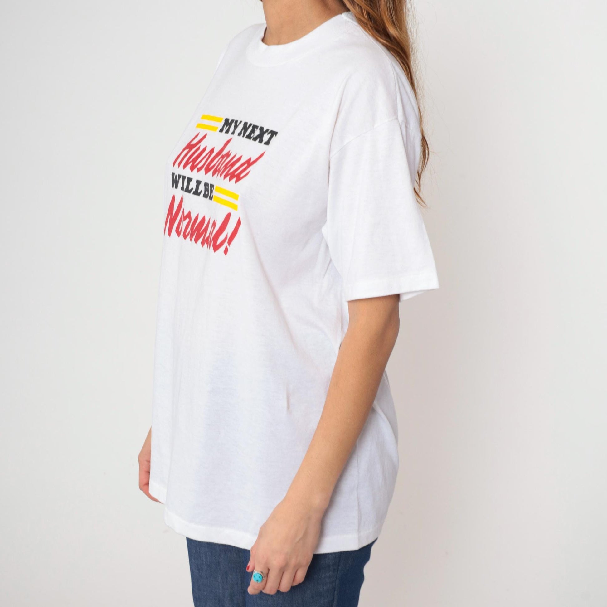 90s Graphic T-Shirt White Cotton Humor Marriage Tee Large