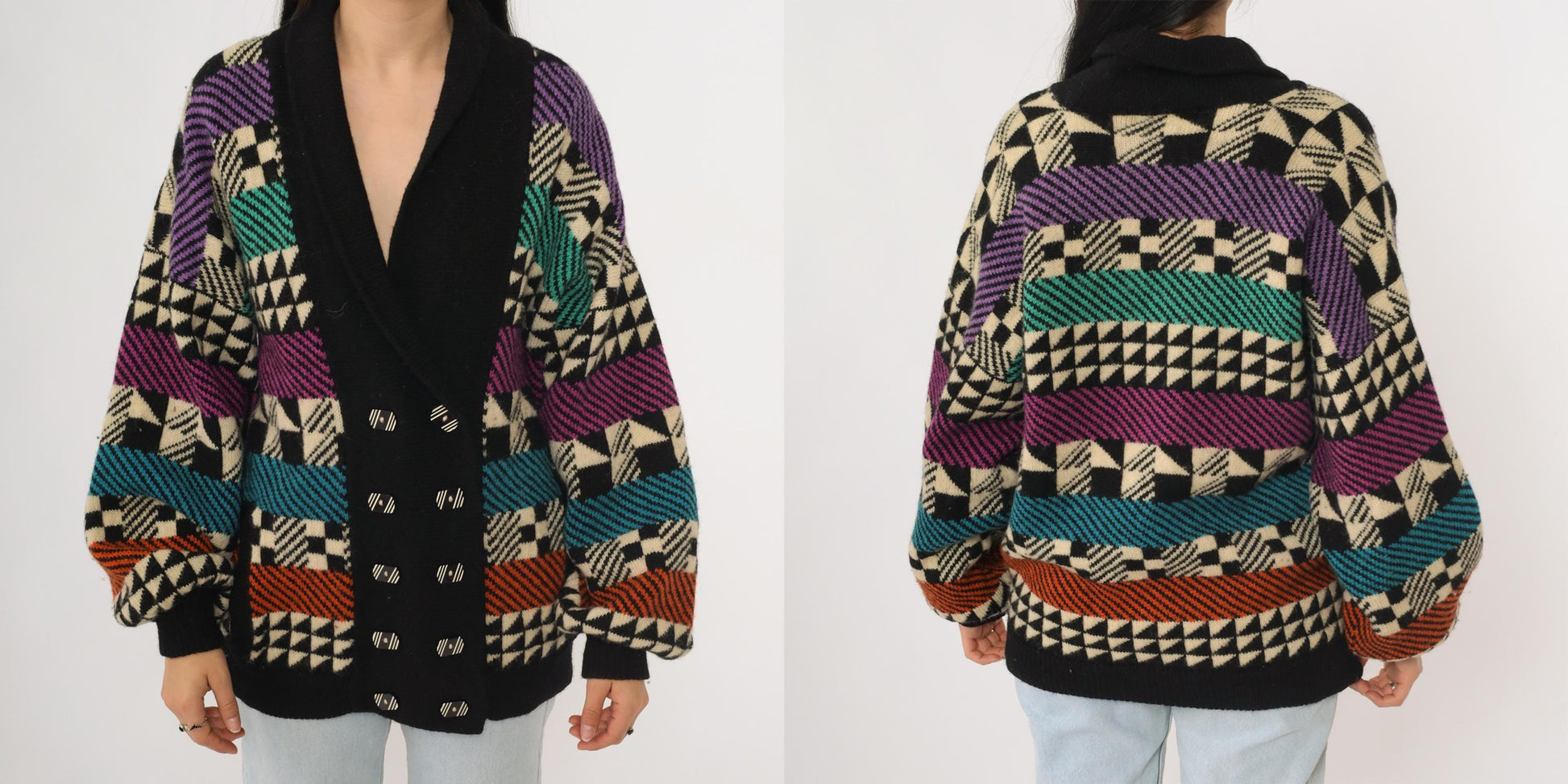 90s Kotki Dwa Wool Cardigan Black Abstract Geometric Purple Teal Orange Large L