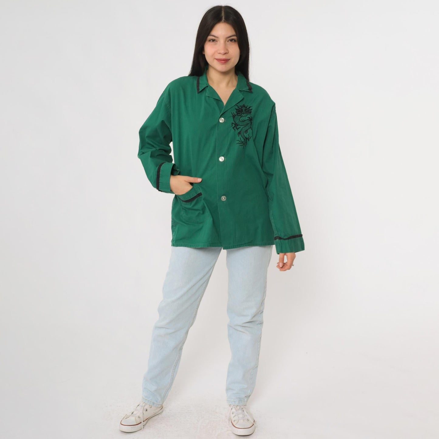 70s Dragon Embroidered Green Cotton Button Up Blouse Black Long Sleeve Large
