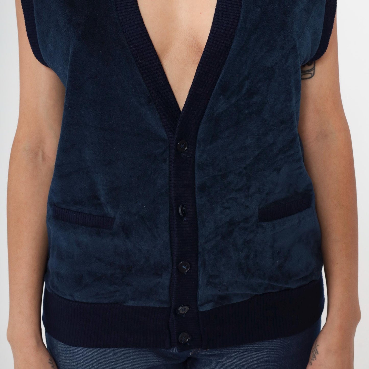 80s Navy Velvet Button Front Vest Deep V-Neck Sleeveless Large L