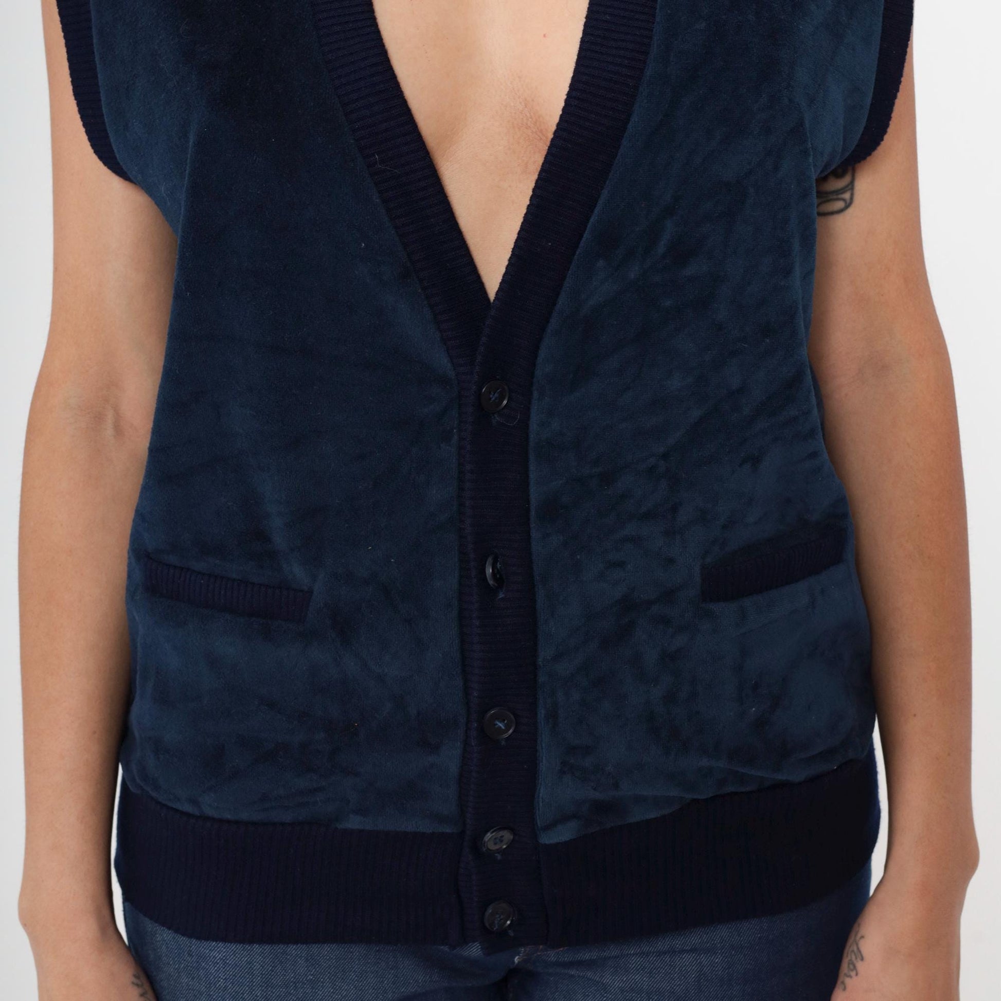 80s Navy Velvet Button Front Vest Deep V-Neck Sleeveless Large L