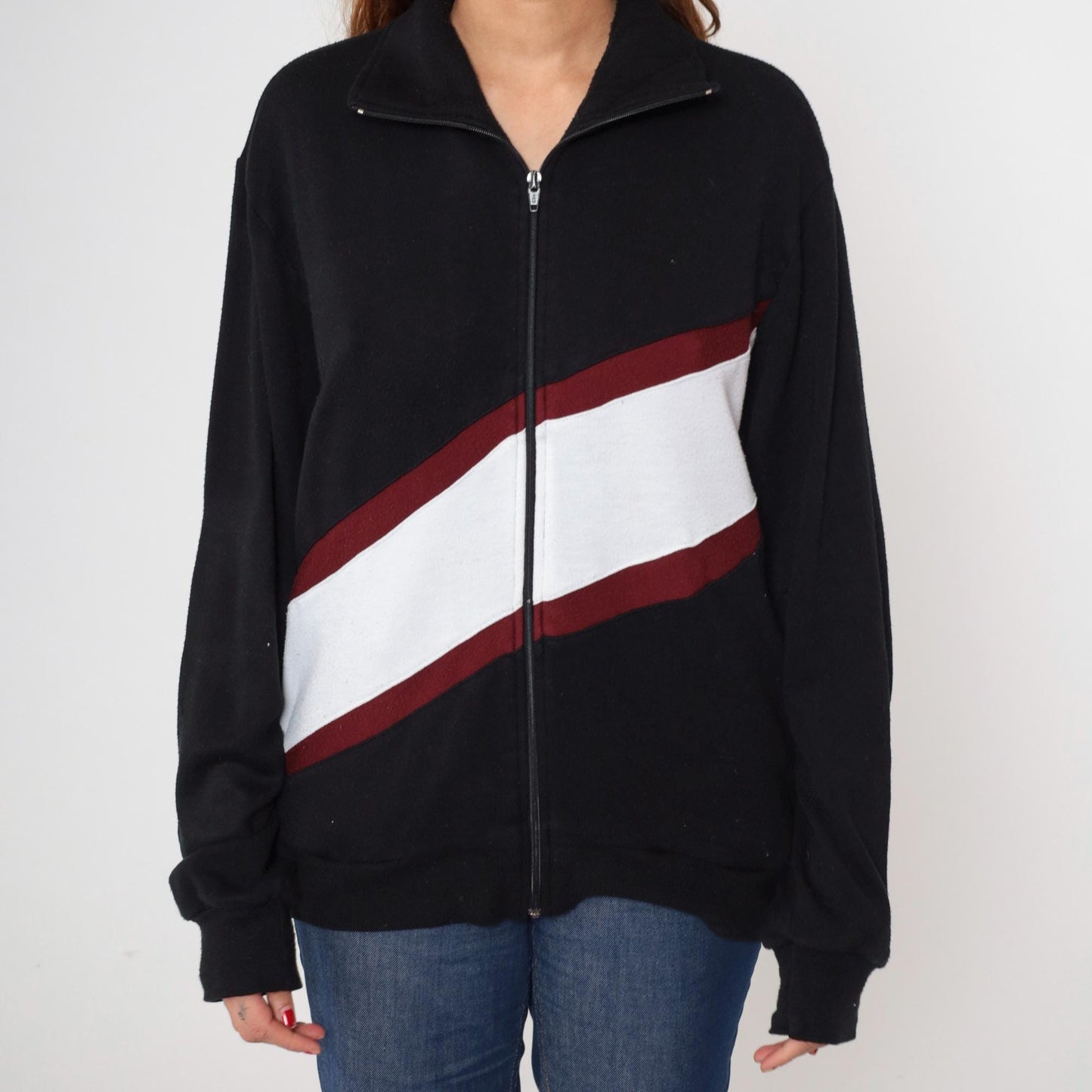 80s Track and Court Jacket Black Red White Color Block Zip Mock Neck Medium