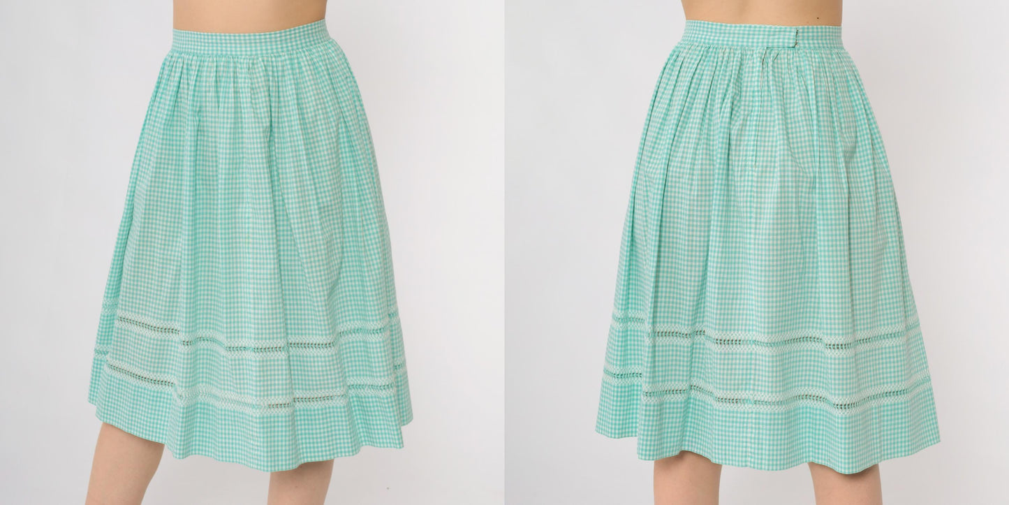 60s Mint Green Gingham A-Line Skirt Crochet Lace High Waist Small