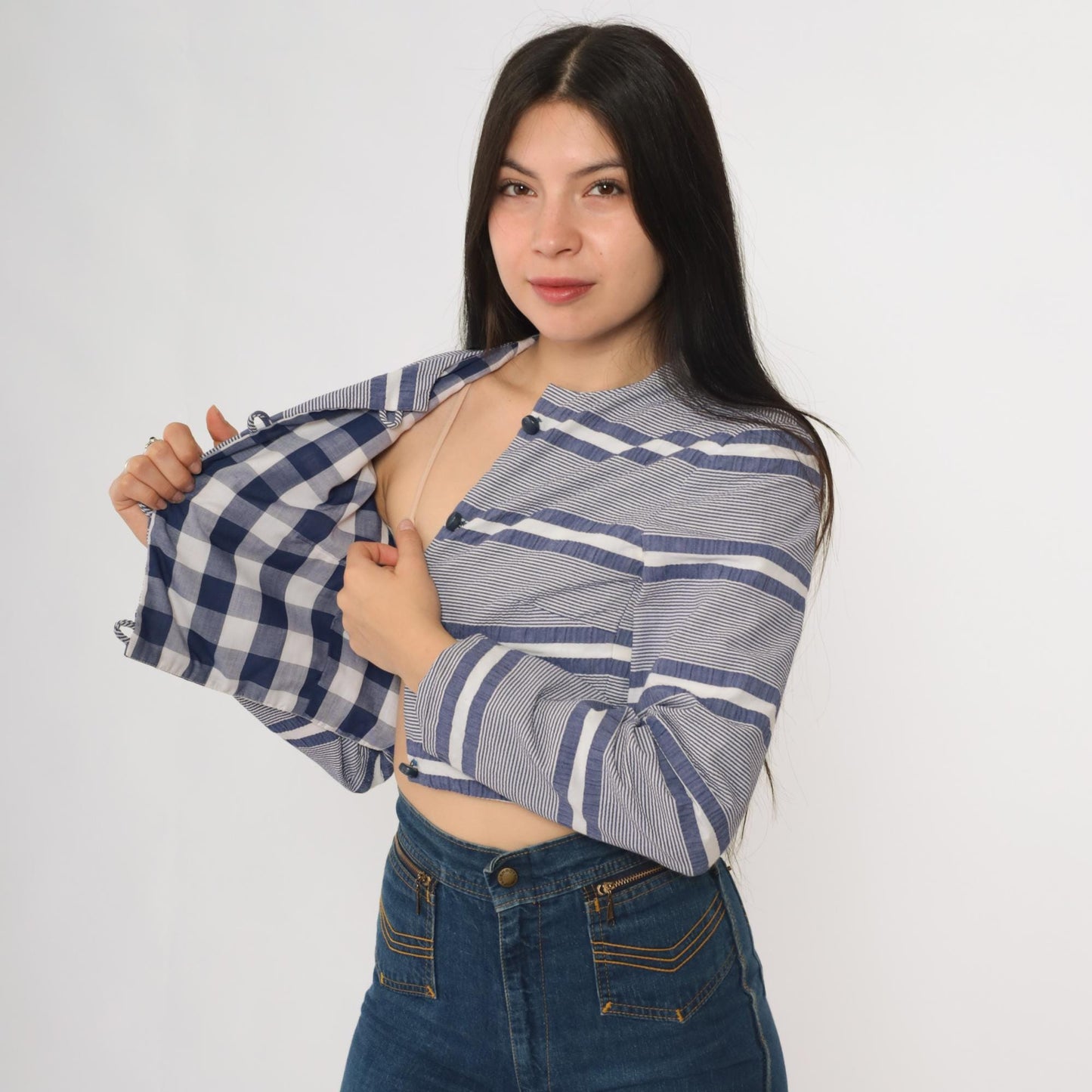 80s Gavi Striped Cropped Jacket Navy White Band Collar Size 10