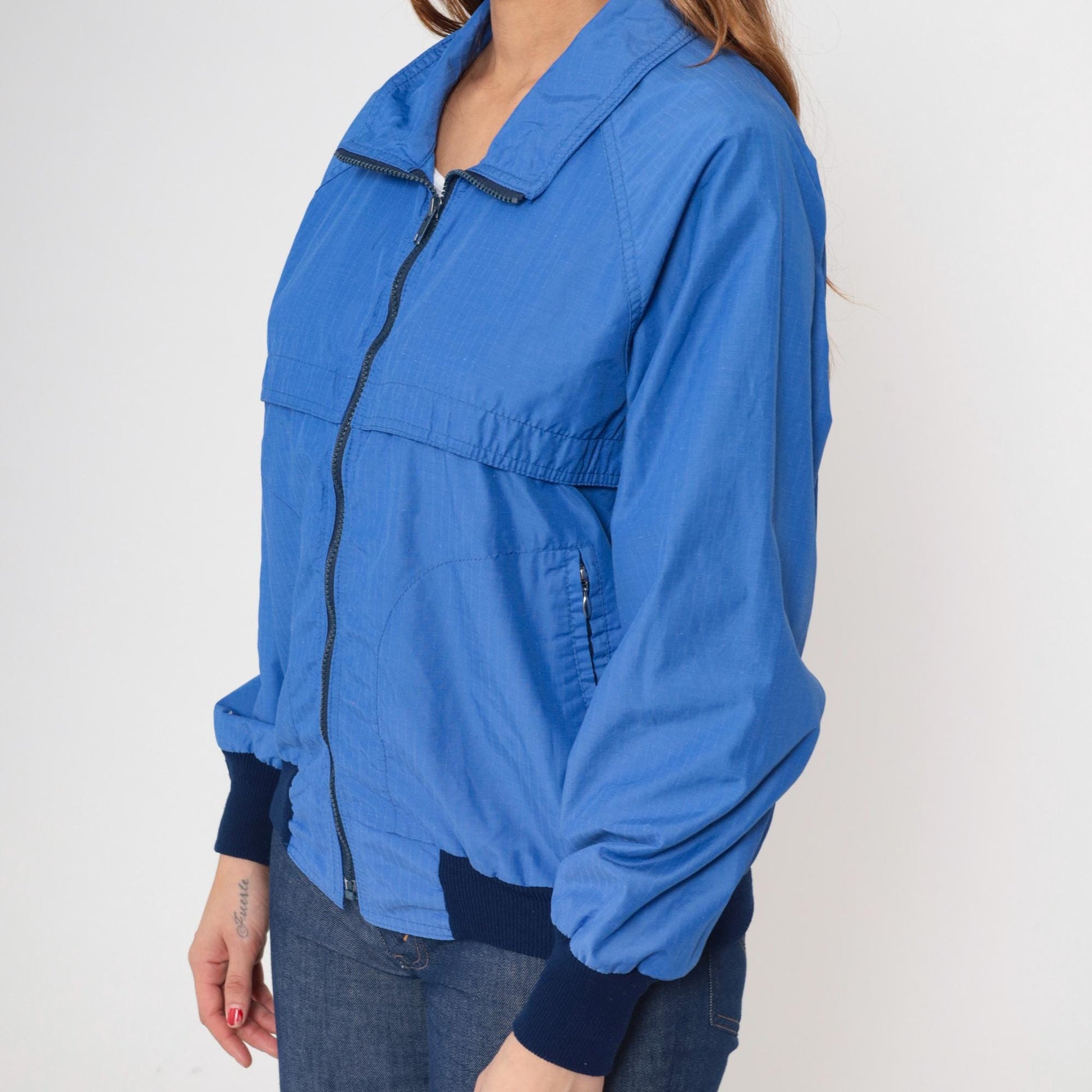 80s Royal Blue Windbreaker Jacket Raglan Sleeve Zip Up Medium M