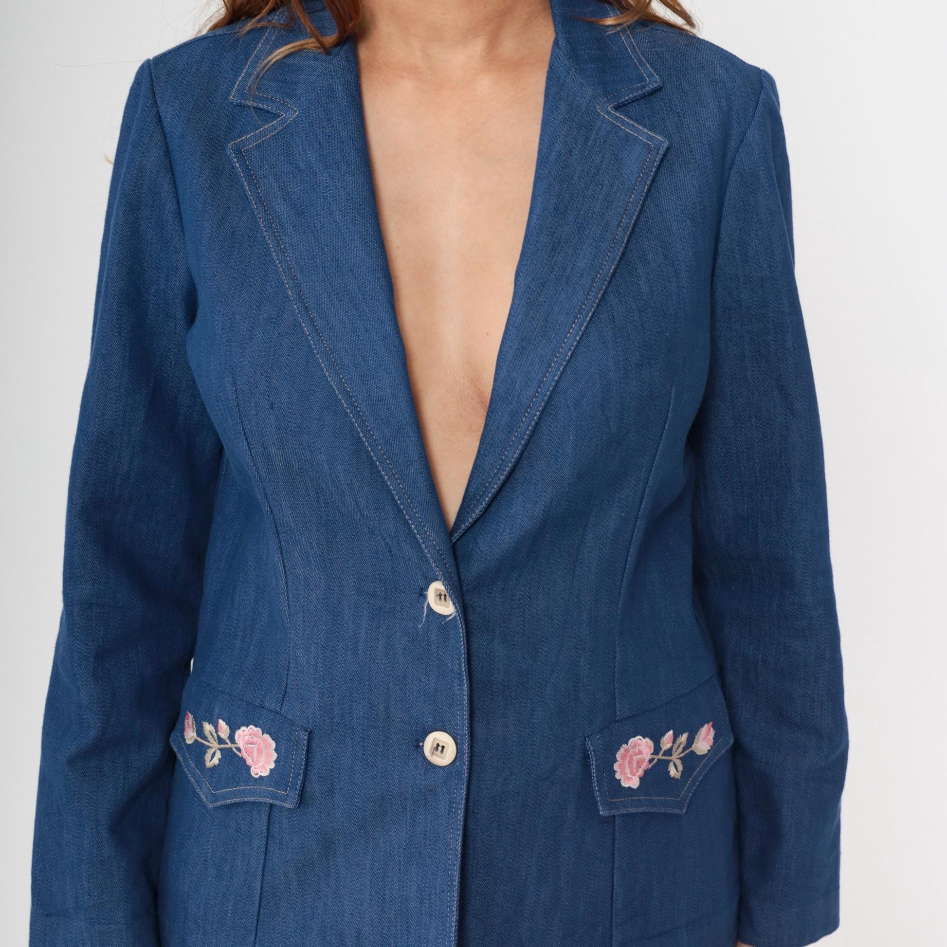 70s Embroidered Denim Blazer Pink Rose Floral Blue Jean Jacket Medium M