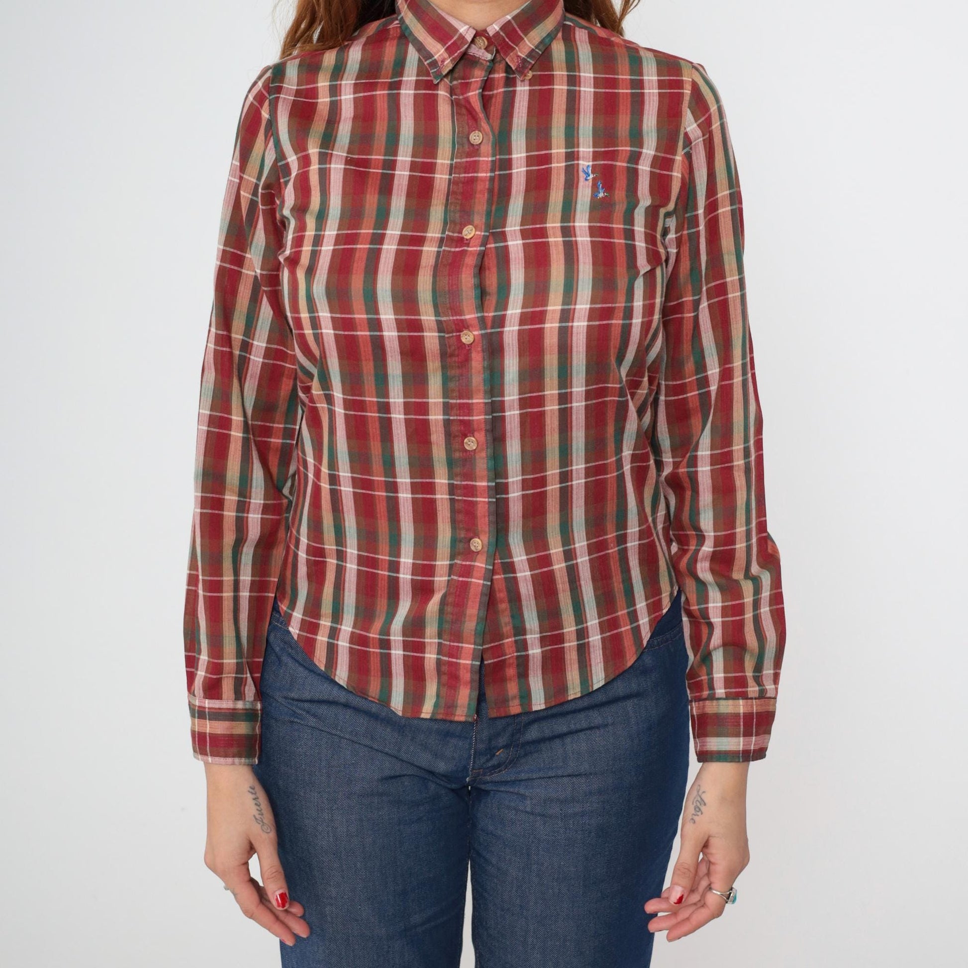 80s Plaid Button Down Shirt Red Green Embroidered Duck Cotton Small