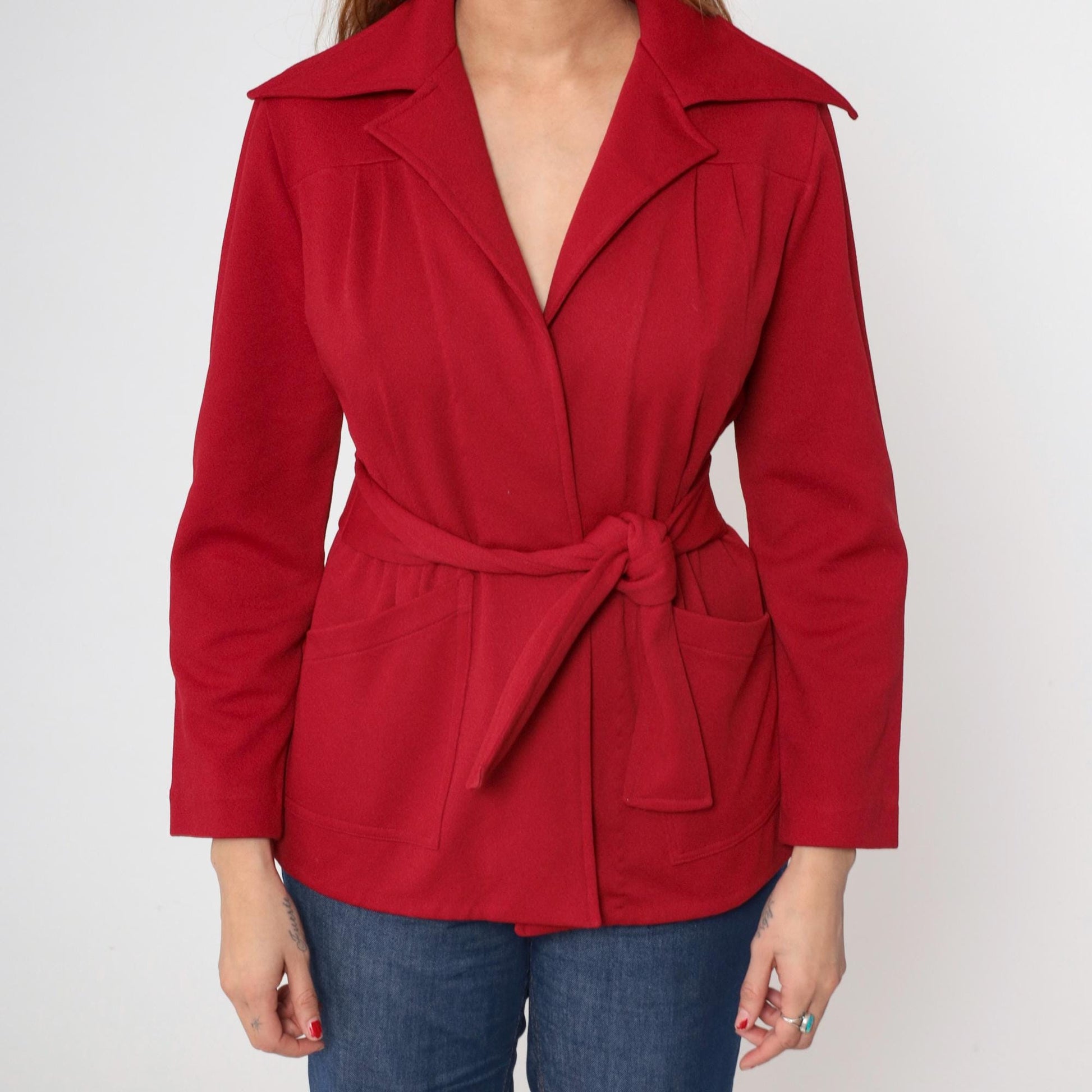 70s Red Wrap Jacket Belted Waist Wide Lapel Deep V Neck Medium