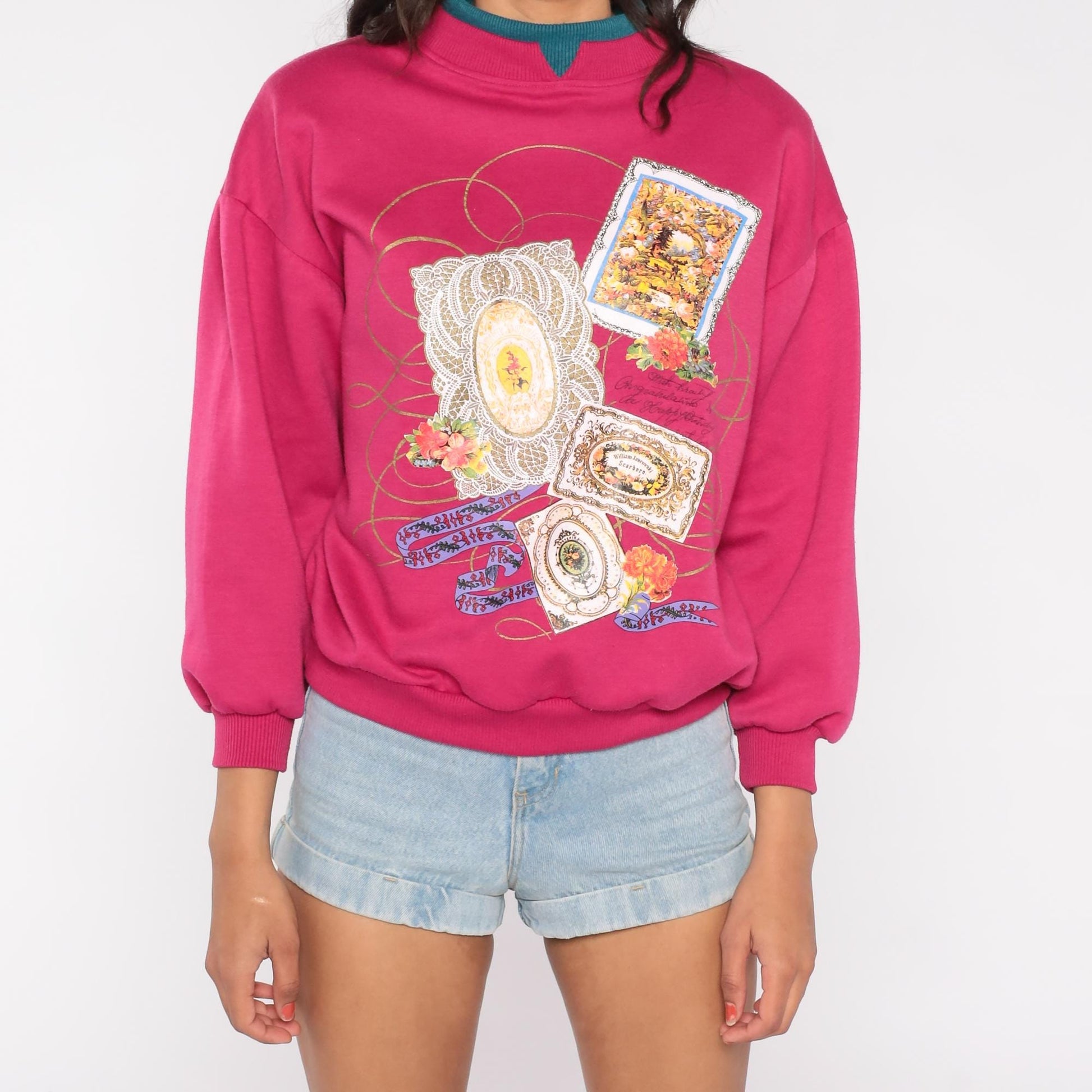 90s Nicco Victorian Floral Frame Sweatshirt Magenta Teal Mock Neck Medium M