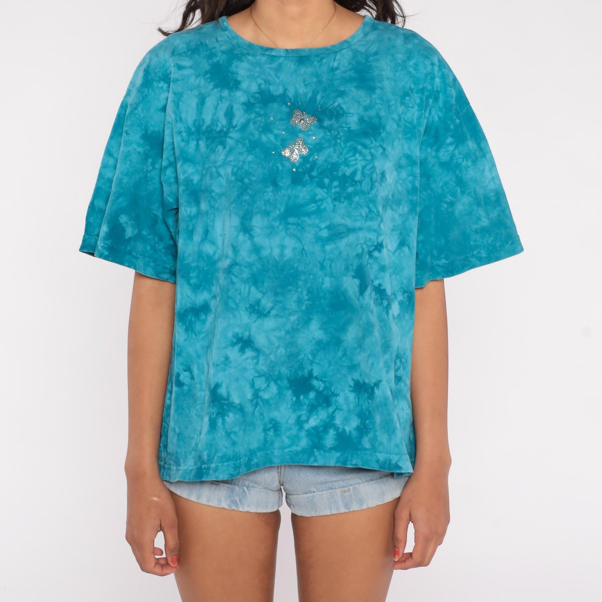 90s Cactus Bay Tie Dye Butterfly T-Shirt Teal Rhinestone Cotton Large L
