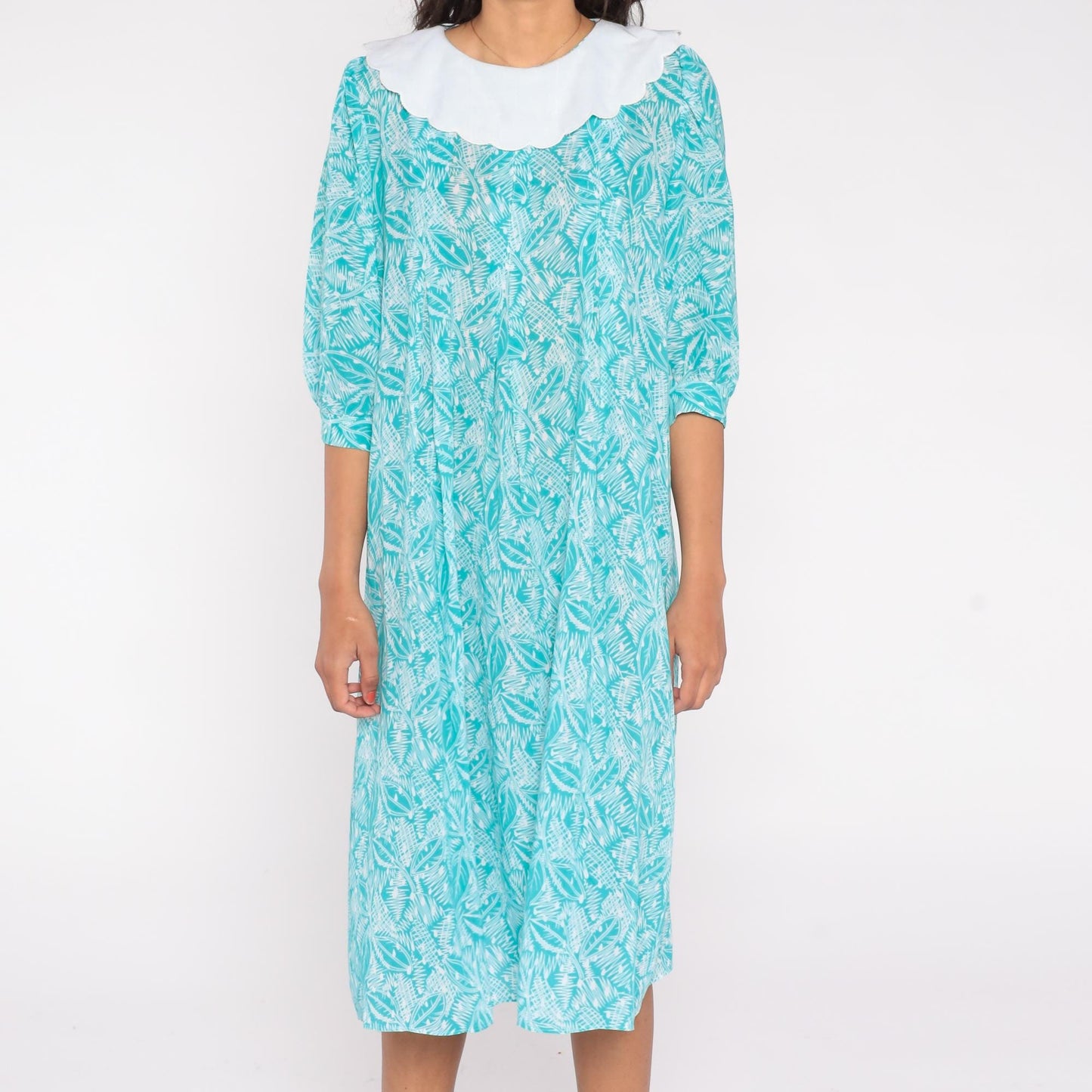 80s Kathryn & Co Leaf Print Midi Dress Teal Peter Pan Collar Puff Sleeve Medium