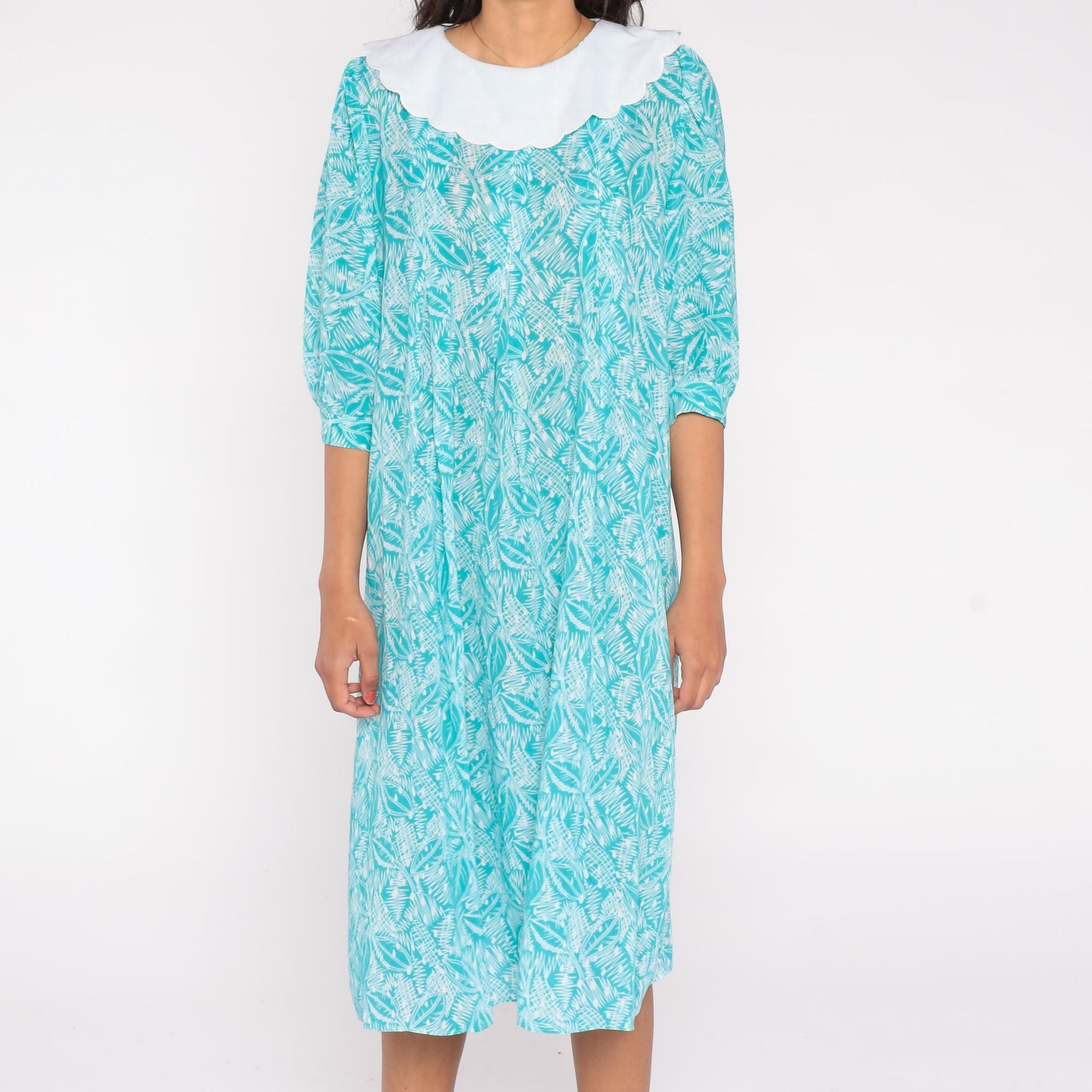 80s Kathryn & Co Leaf Print Midi Dress Teal Peter Pan Collar Puff Sleeve Medium