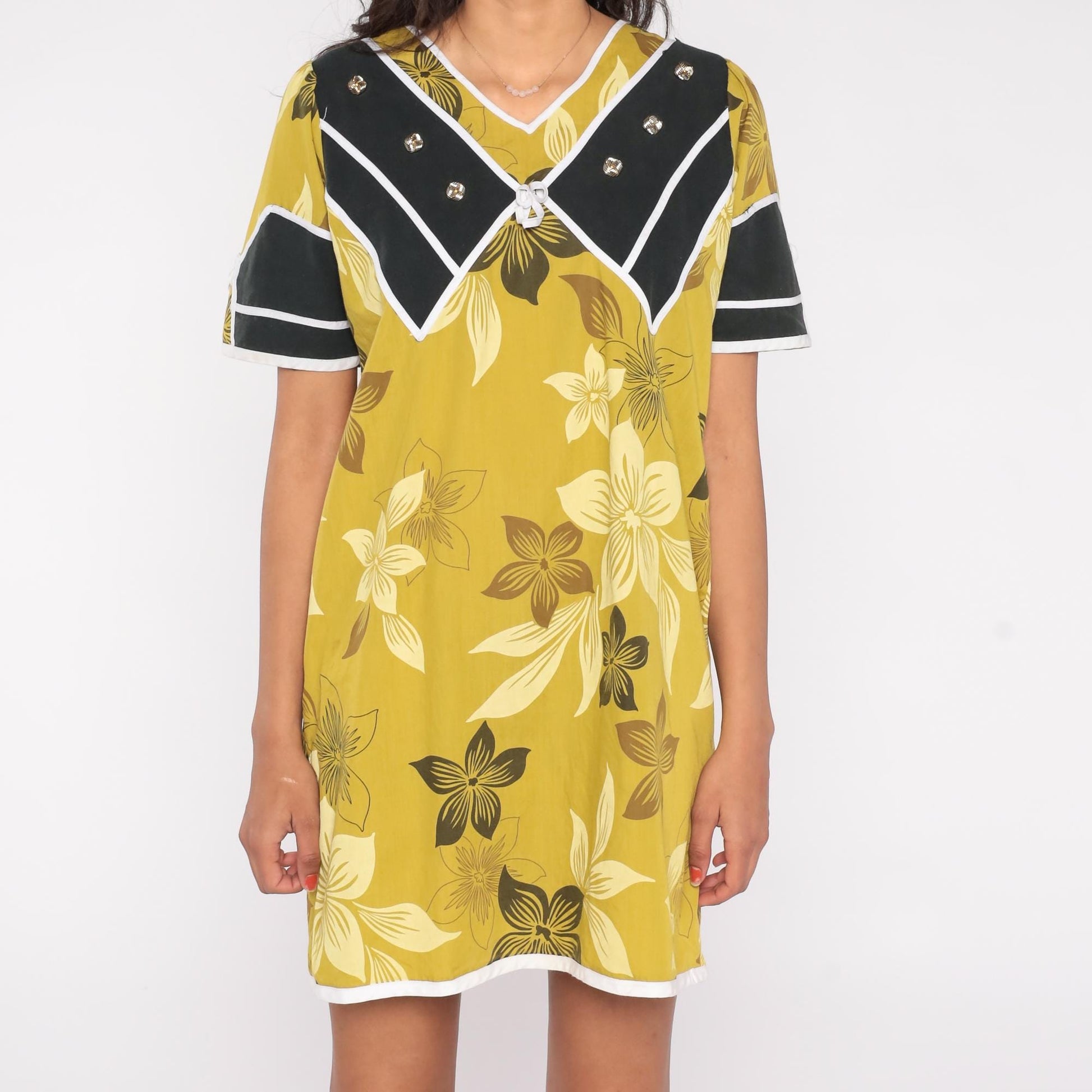 90s Floral Mini Dress Chartreuse Olive Sailor Collar Tropical Print Medium M