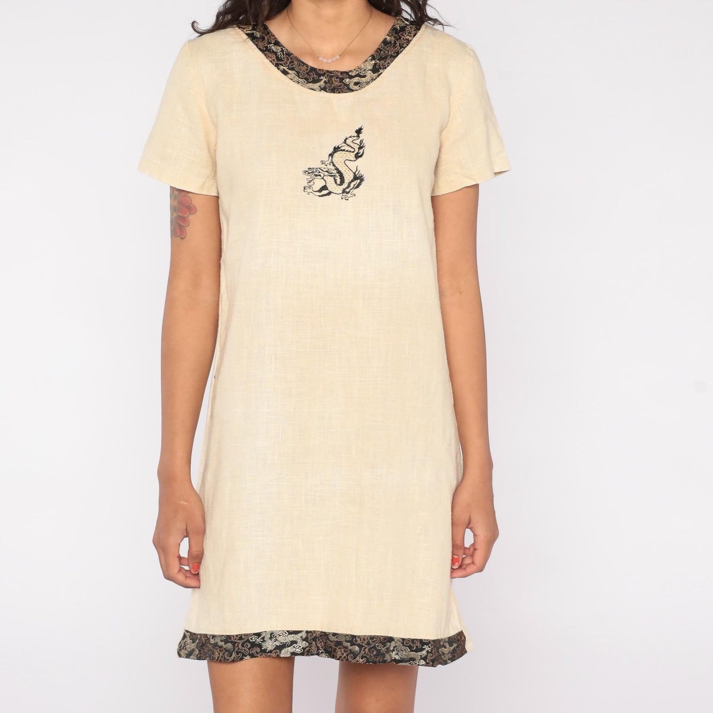 90s Mariko Beige Linen Dragon Embroidery Mini Dress Short Sleeve Medium M