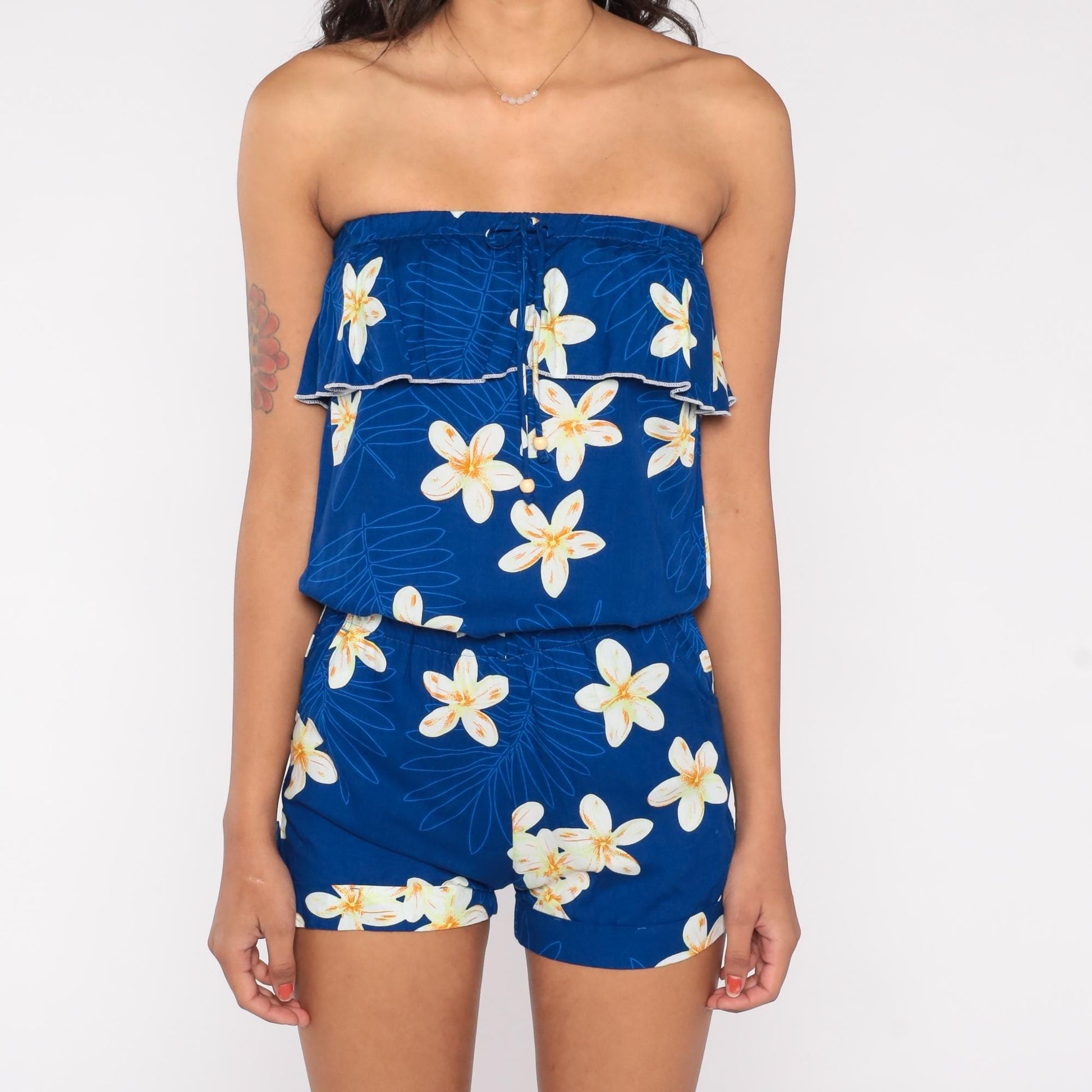 Y2K Favant Hawaii Strapless Romper Blue Floral Plumeria Print Small S
