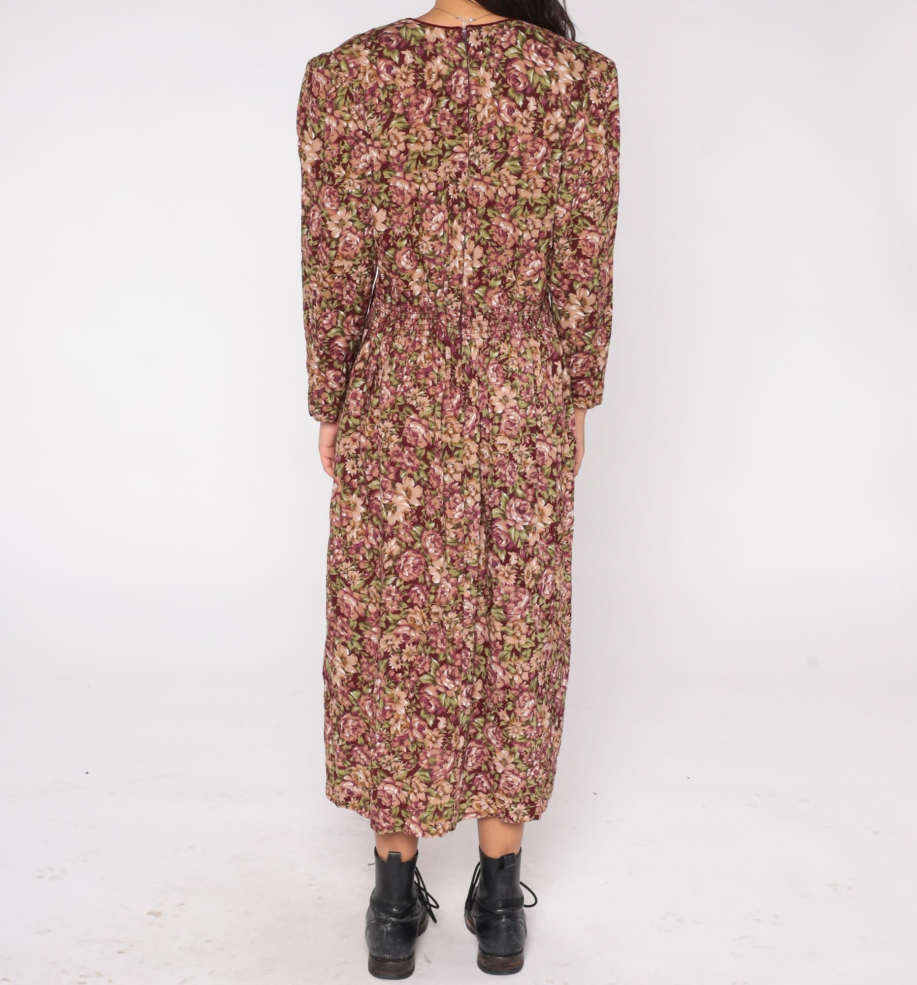 90s Miss Dorby Floral Velvet Midi Dress Burgundy Rose Long Sleeve Large